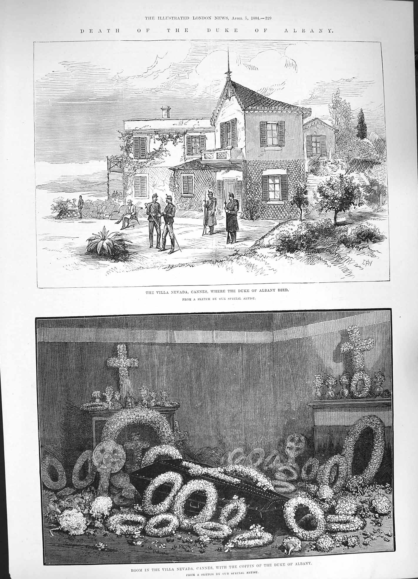 Original Old Antique Print 1884 Death Duke Albany Villa Nevada Cannes Coffin
