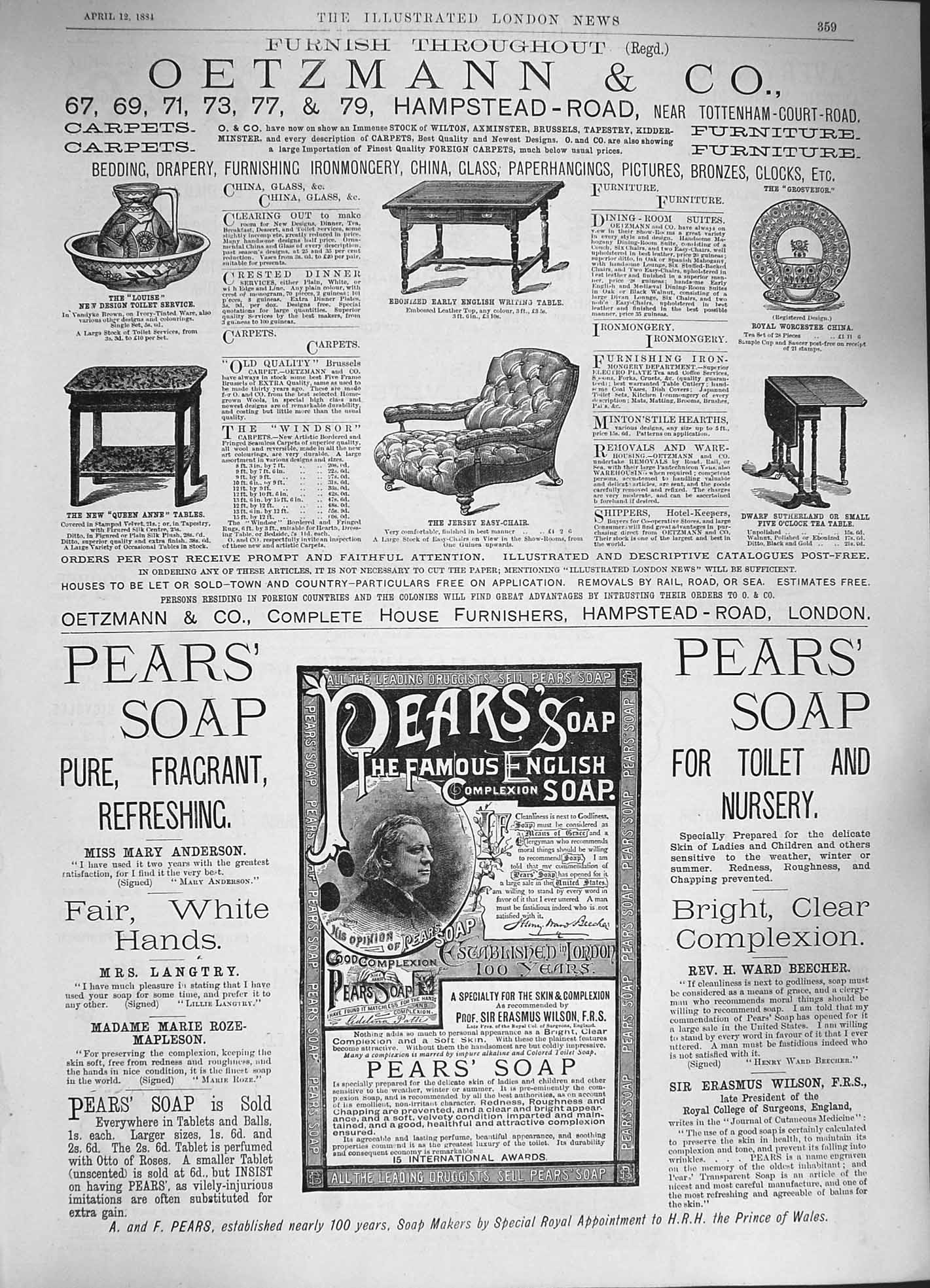 Old Antique Print 1884 Oetzmann House Furnishers Pears Soap Advertisement 19th