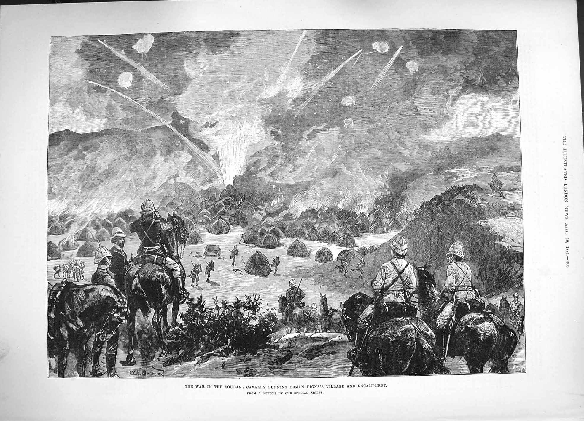 Original Old Antique Print 1884 War Soudan Cavalry Fire Osman Digna Encampment