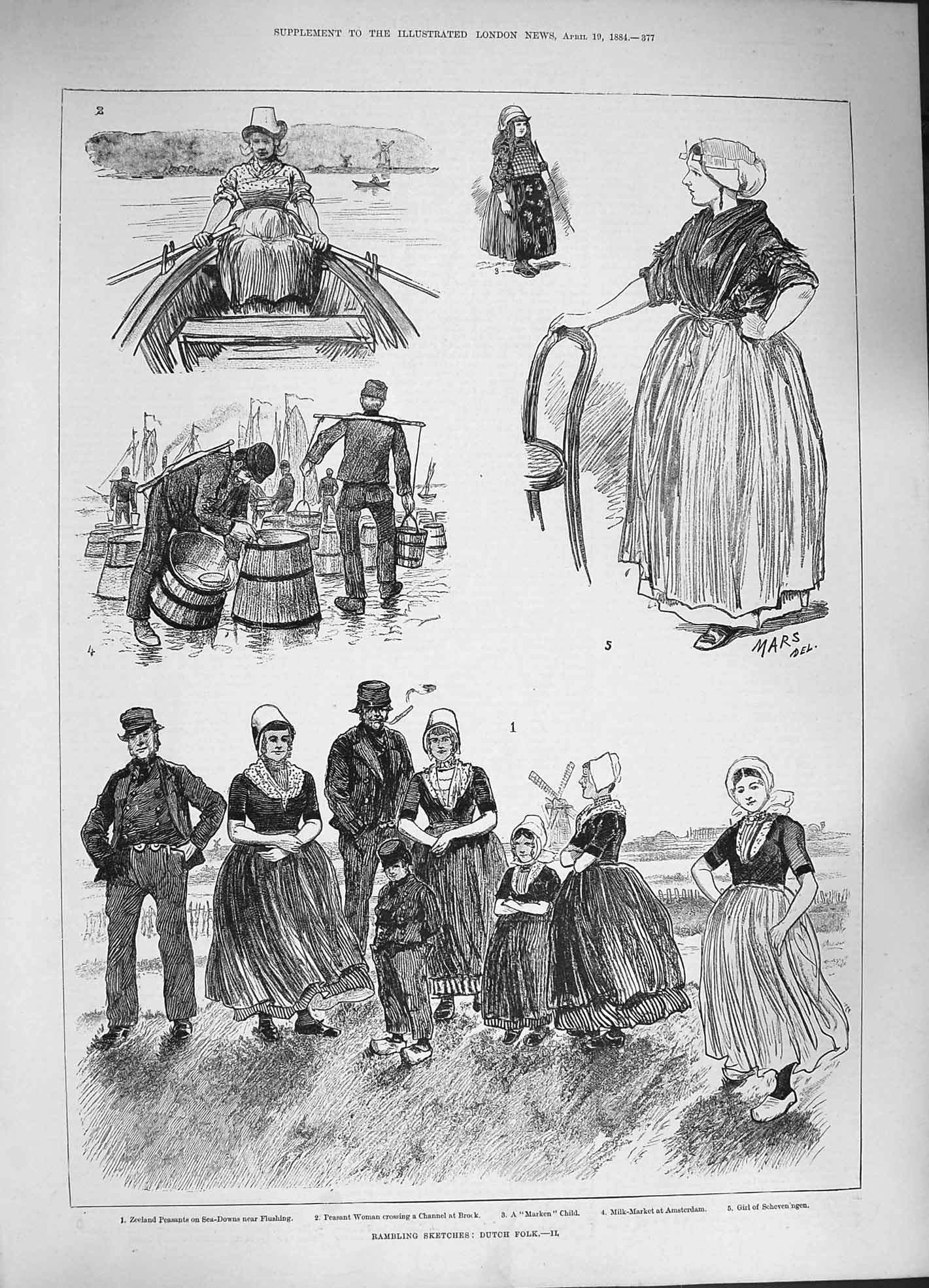 Original Old Antique Print 1884 Dutch People Zeeland Peasants Marken Amsterdam