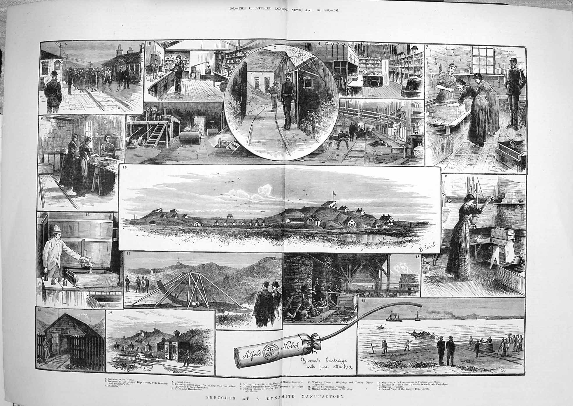 Original Old Antique Print 1884 Dynamite Manufactory Works Laboratory Weapons