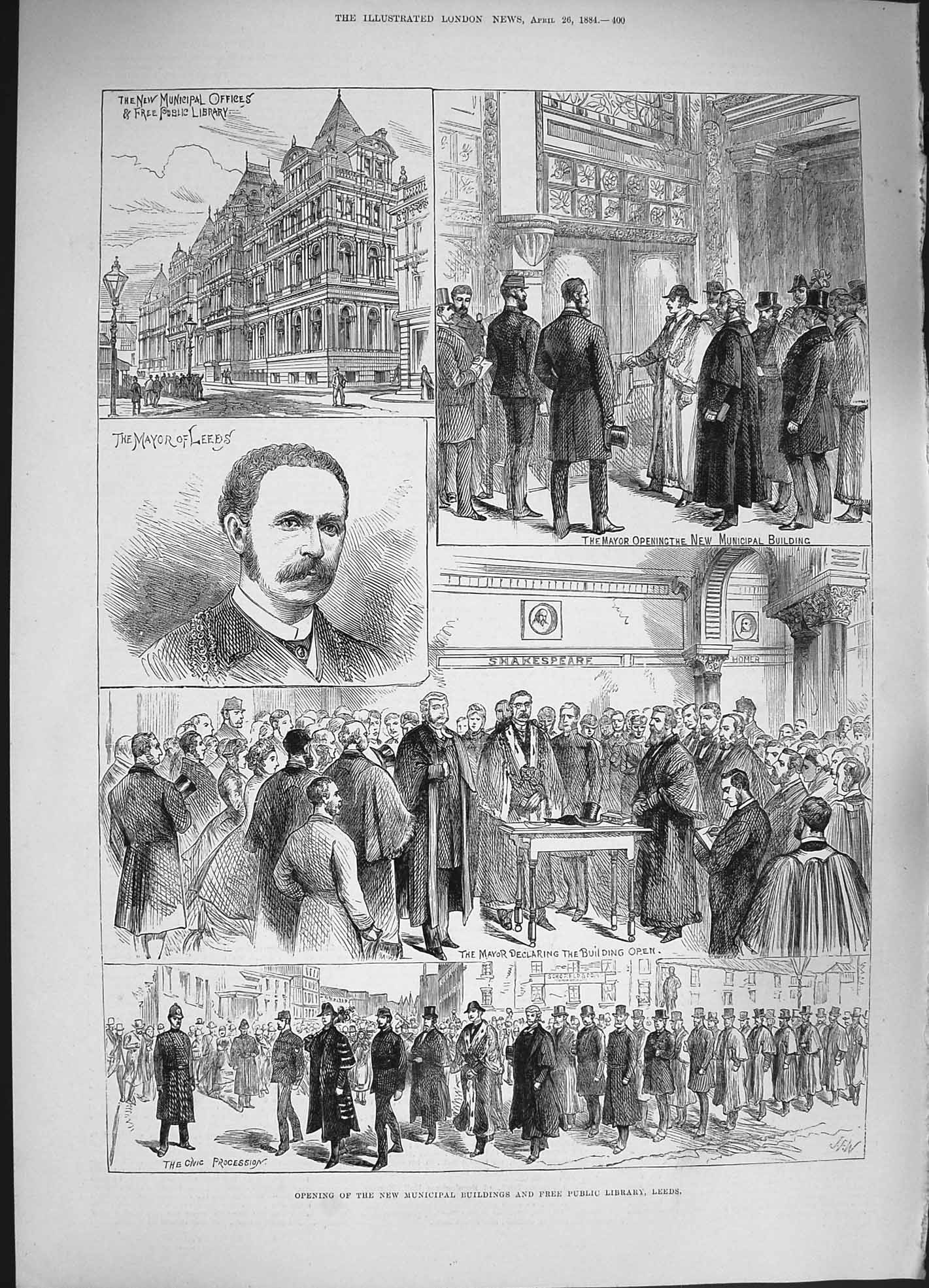 Antique Old Print *3325 1884 Municipal Buildings Public Library Leeds Mayor