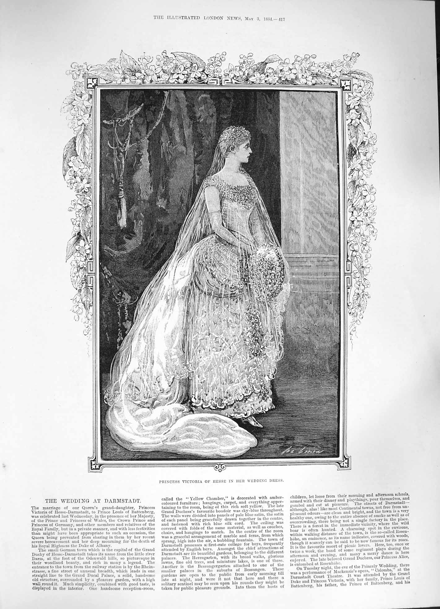 Antique Old Print *3331 1884 Princess Victoria Hesse Wedding Dress Darmstadt