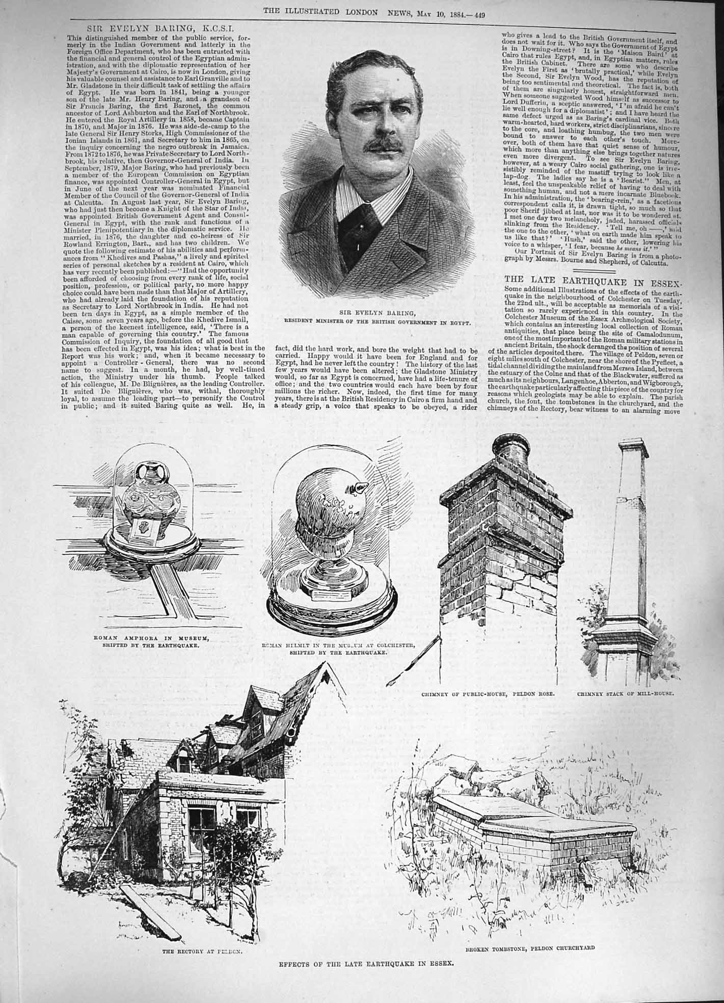 Original Old Antique Print 1884 Evelyn Baring Earthquake Essex Peldon Amphora
