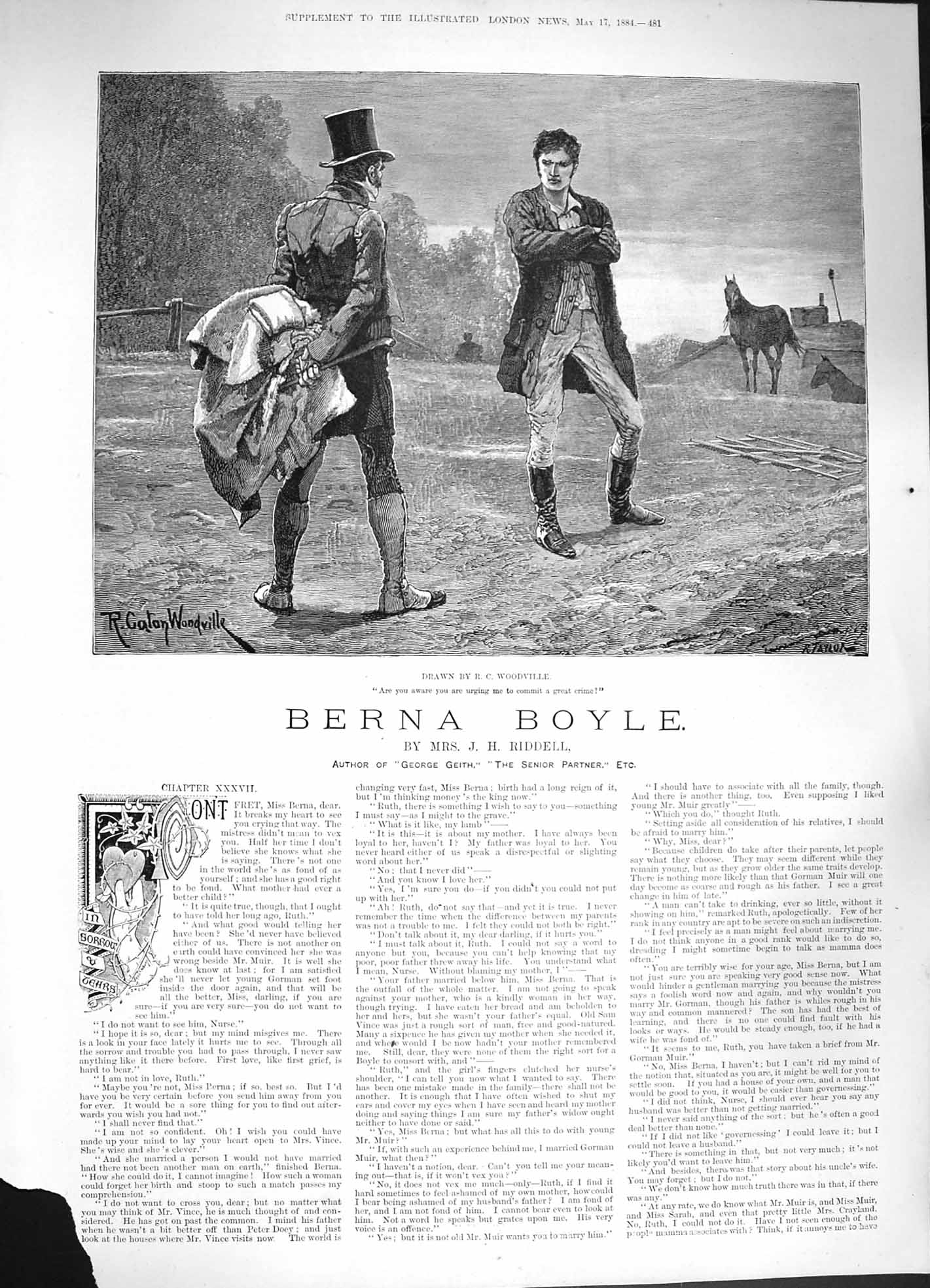 Original Old Antique Print 1884 Canton Woodville Fine Art Berna Boyle Romance