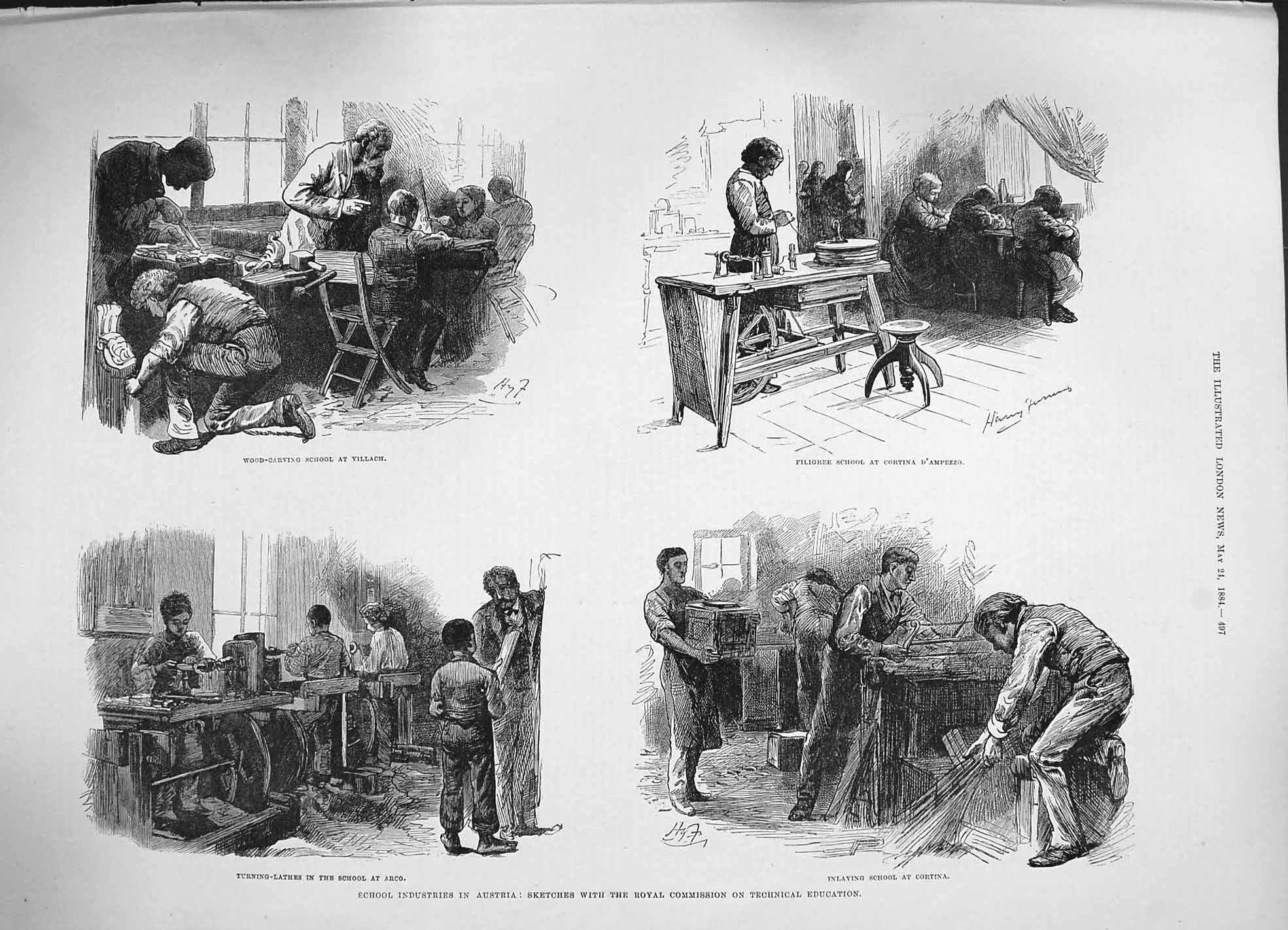 Original Old Antique Print 1884 School Industry Austria Filigree Arco Cortina