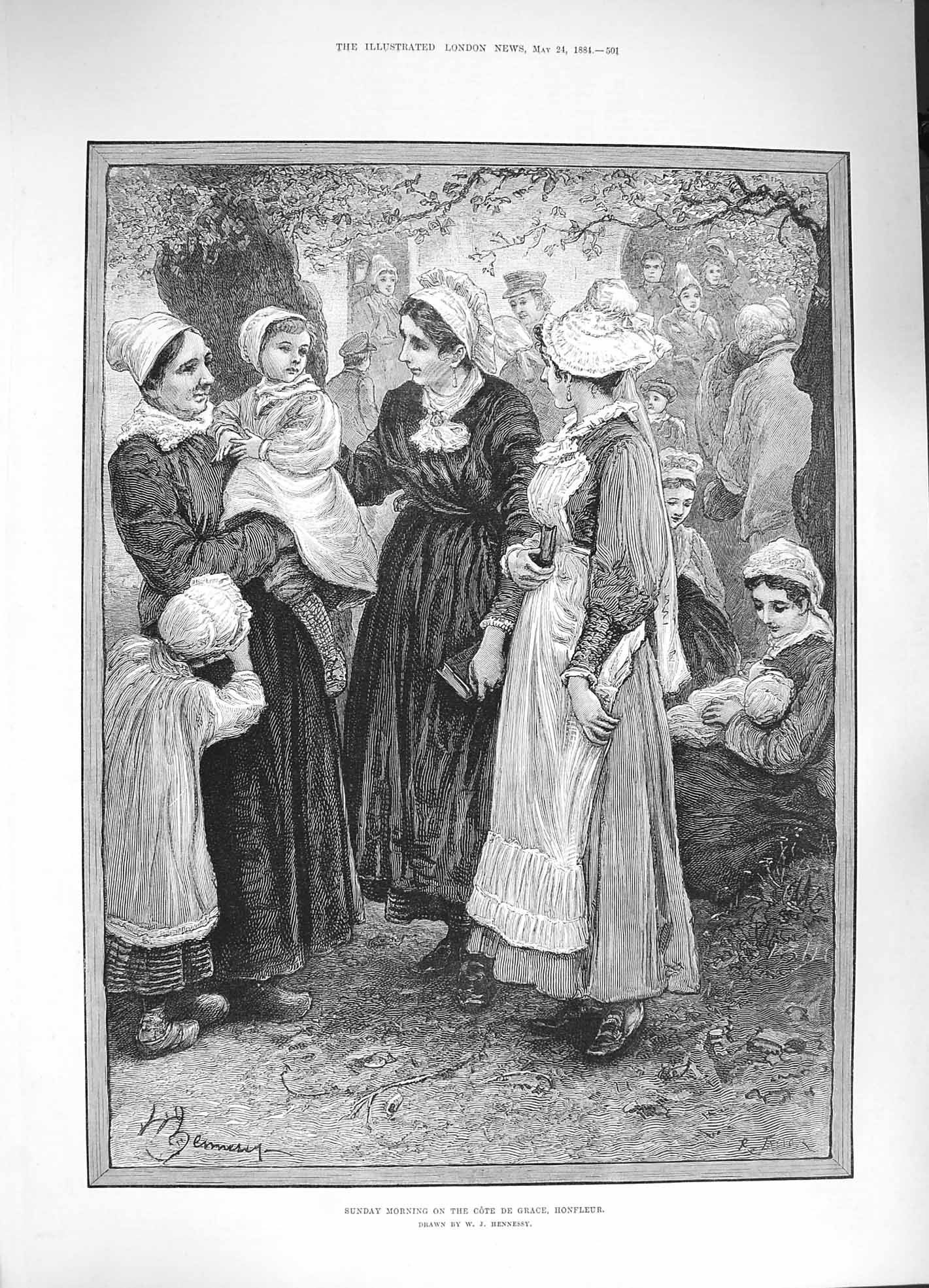 Old Antique Print 1884 Sunday Morning Cote Grace Honfleur Ladies Children 19th
