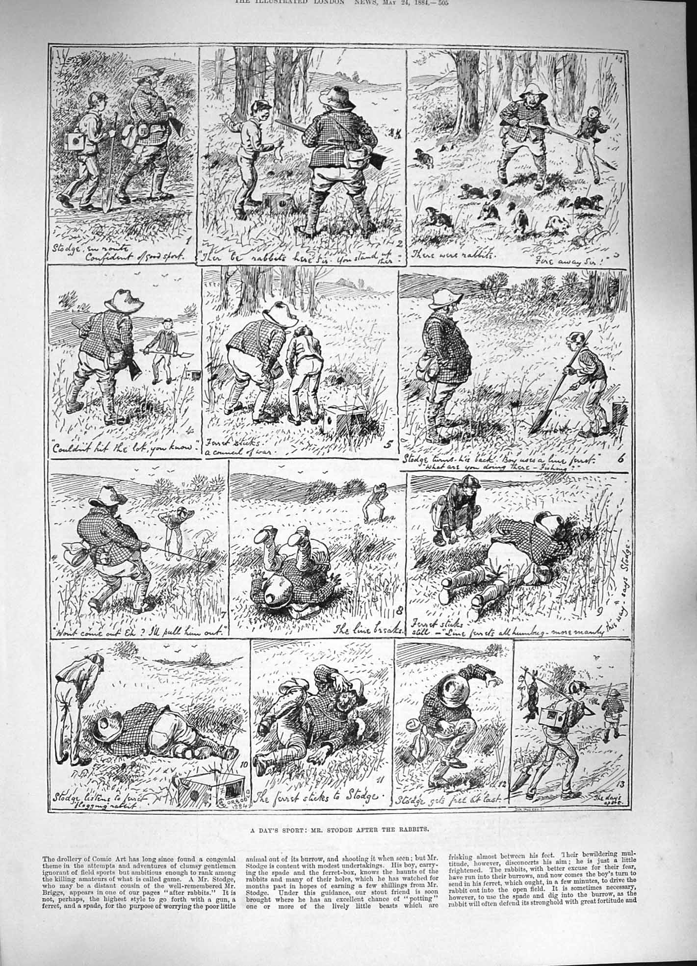 Old Antique Print 1884 Sport Stodge Hunting Rabbits Shooting Countryside 19th
