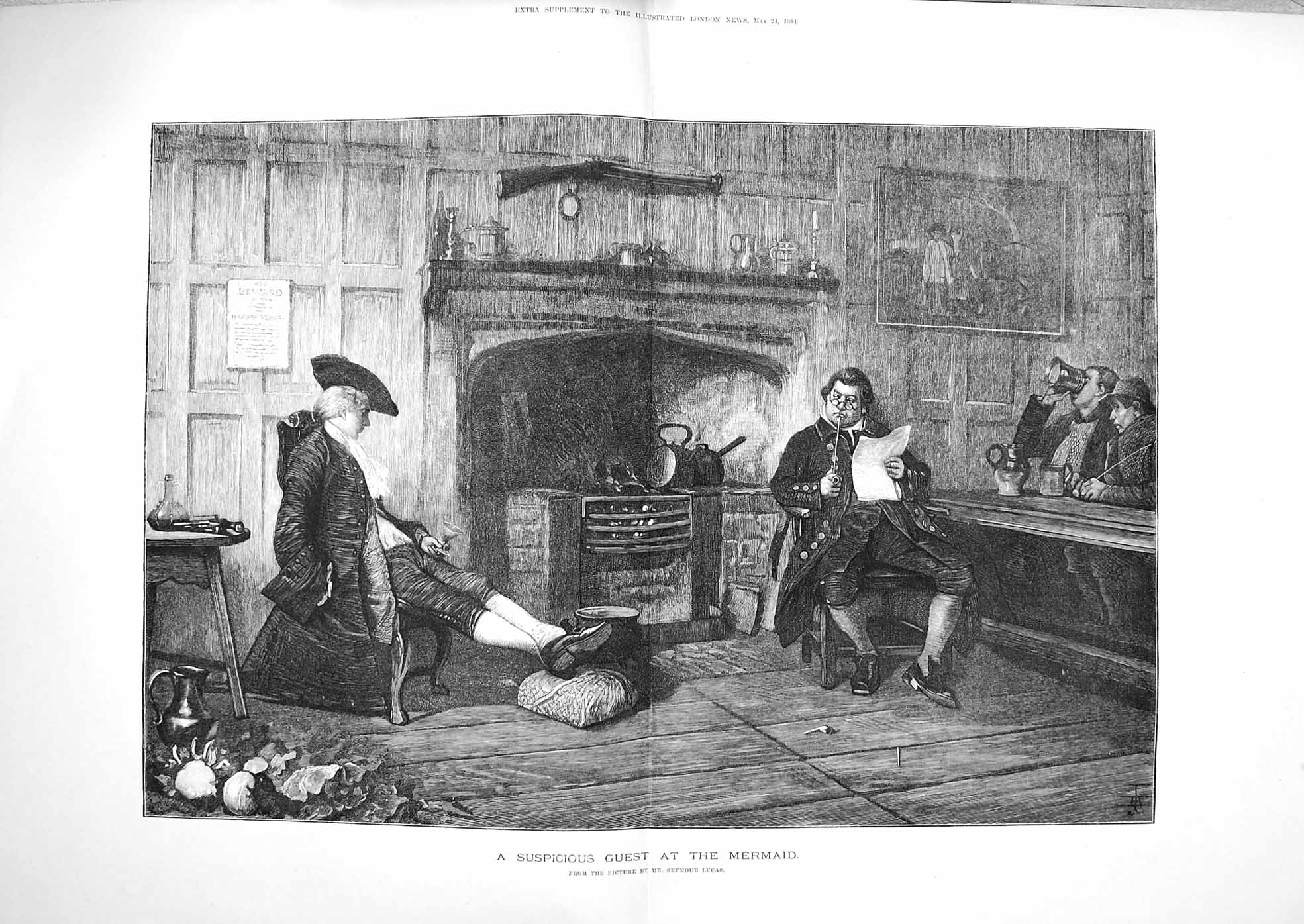 Antique Old Print 1884 Suspicious Guest Mermaid Men Sitting Fire Fine Art 19th