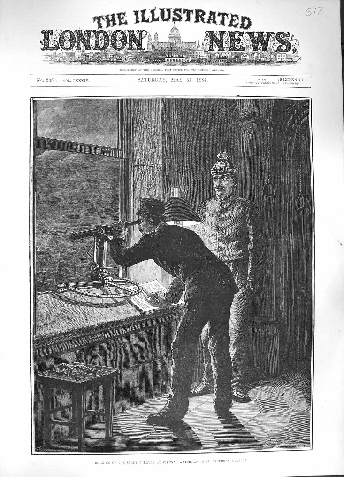 Original Old Antique Print 1884 Burning Stadt Theatre Vienna Watchman Stephen'S
