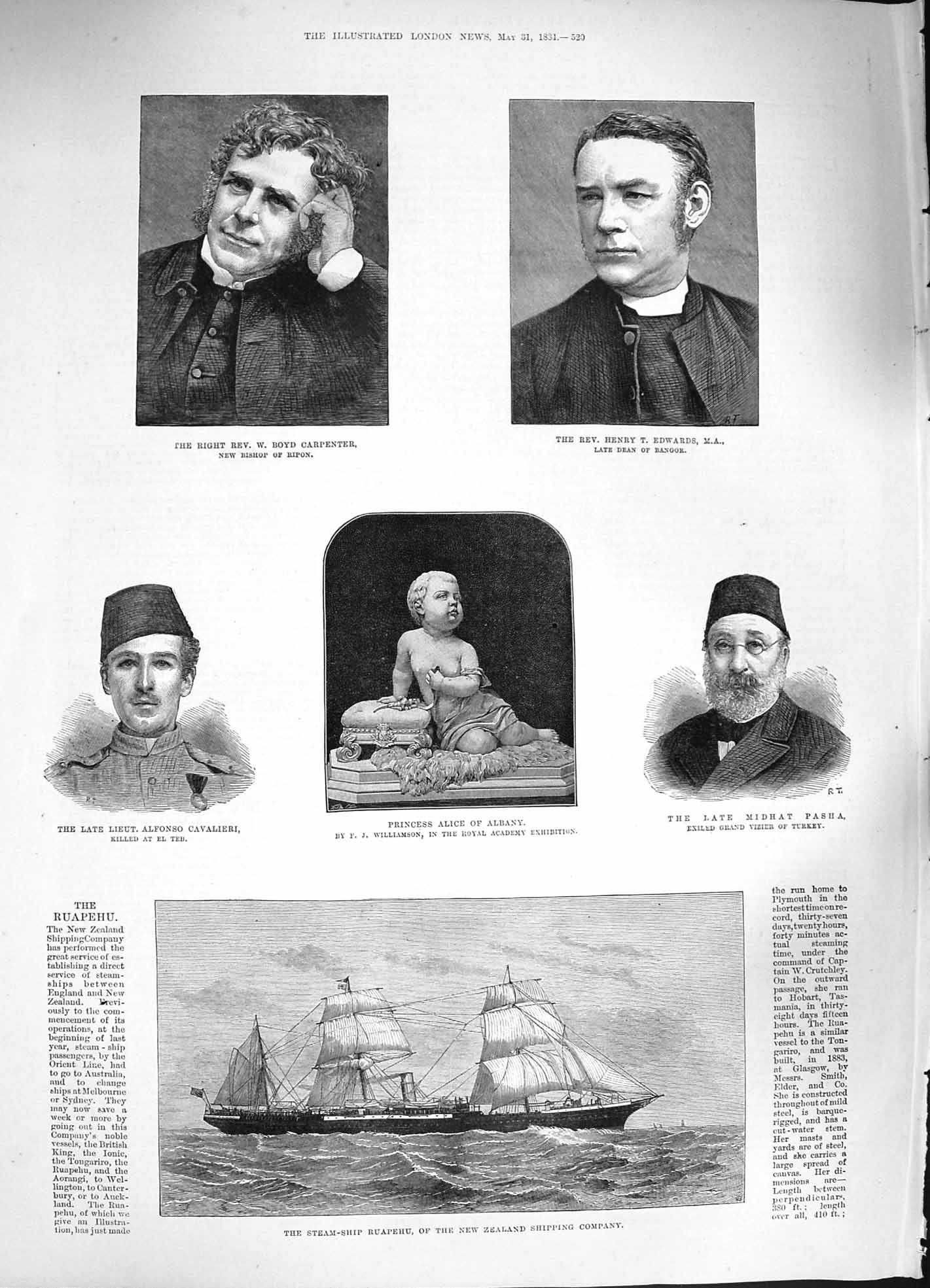 Old Antique Print 1884 Rev. Carpenter Edwards Ship Ruapehu Pasha Albany 19th