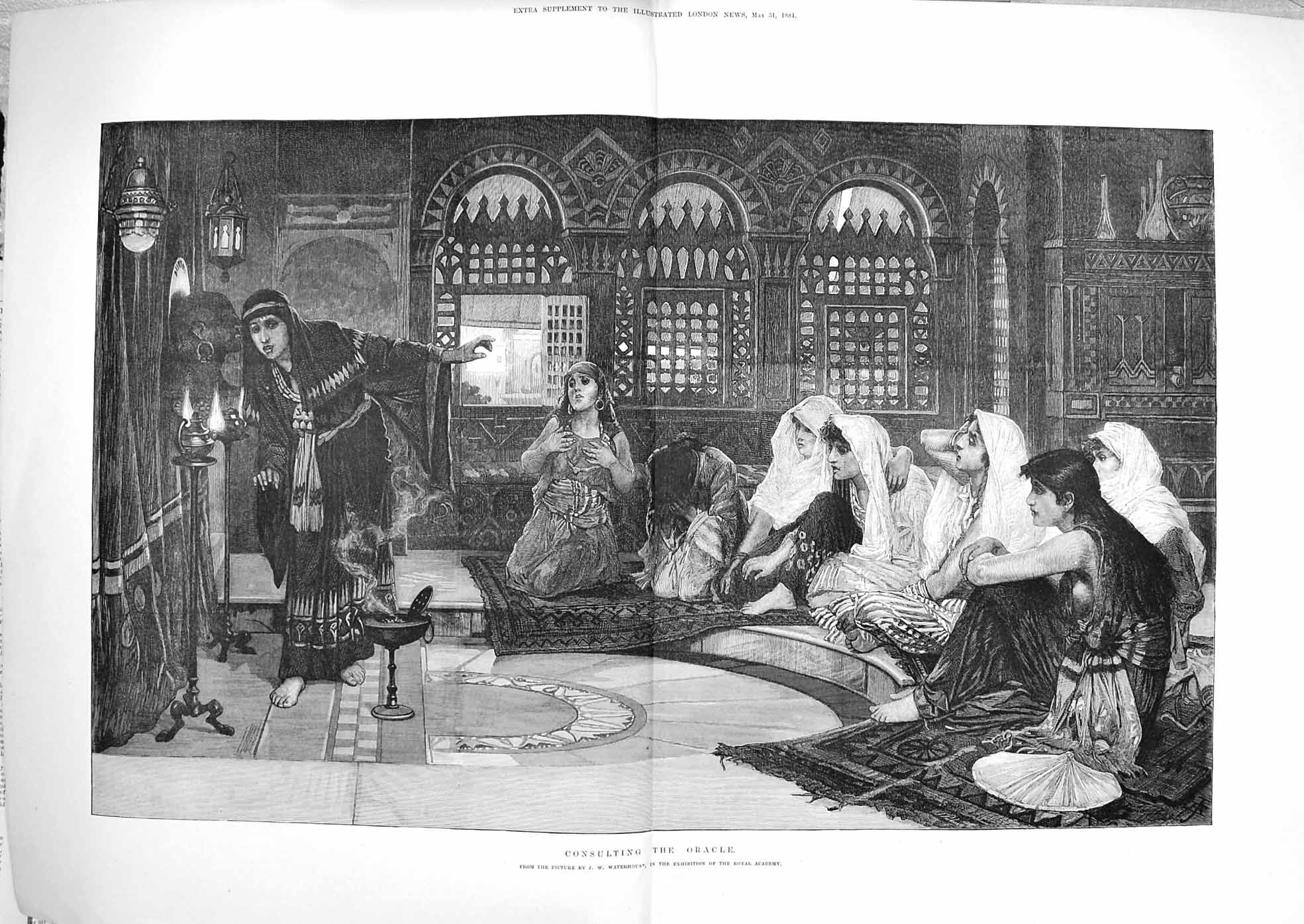 Antique Old Print 1884 Scene Consulting Oracle Ladies Fine Art Waterhouse 19th
