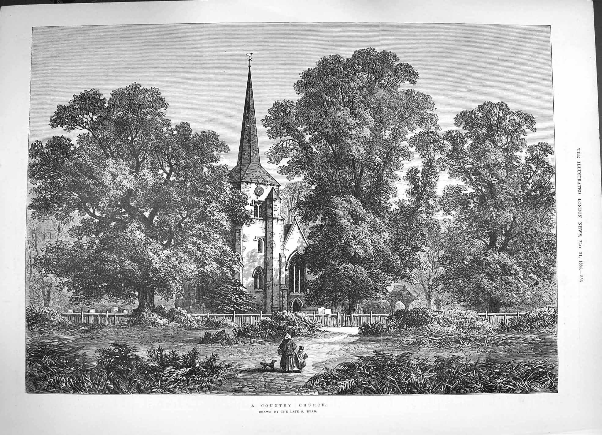 Original Old Antique Print 1884 Country Church Graveyard Trees Fine Art 19th