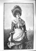 Original Old Antique Print 1884 Portrait Beautiful Lady Apron Umbrella Field S