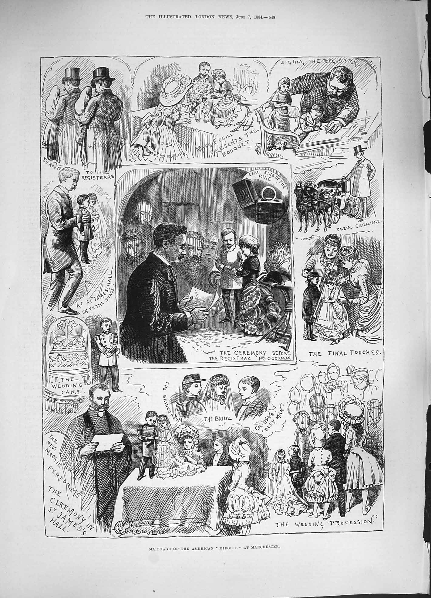 Old Antique Print *3324 1884 Marriage American Midgets Manchester Wedding