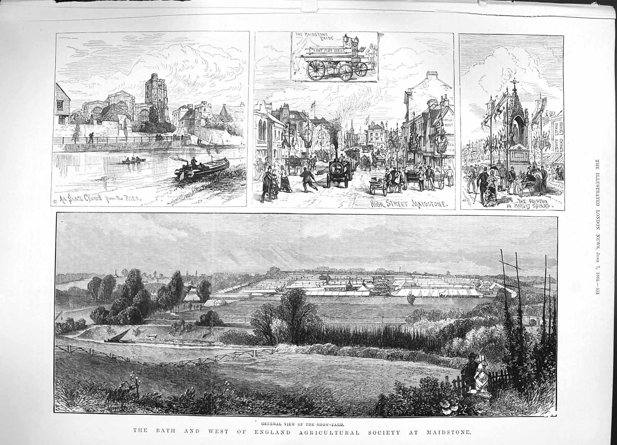 Original Old Antique Print 1884 Bath Agricultural Show Maidstone Church River