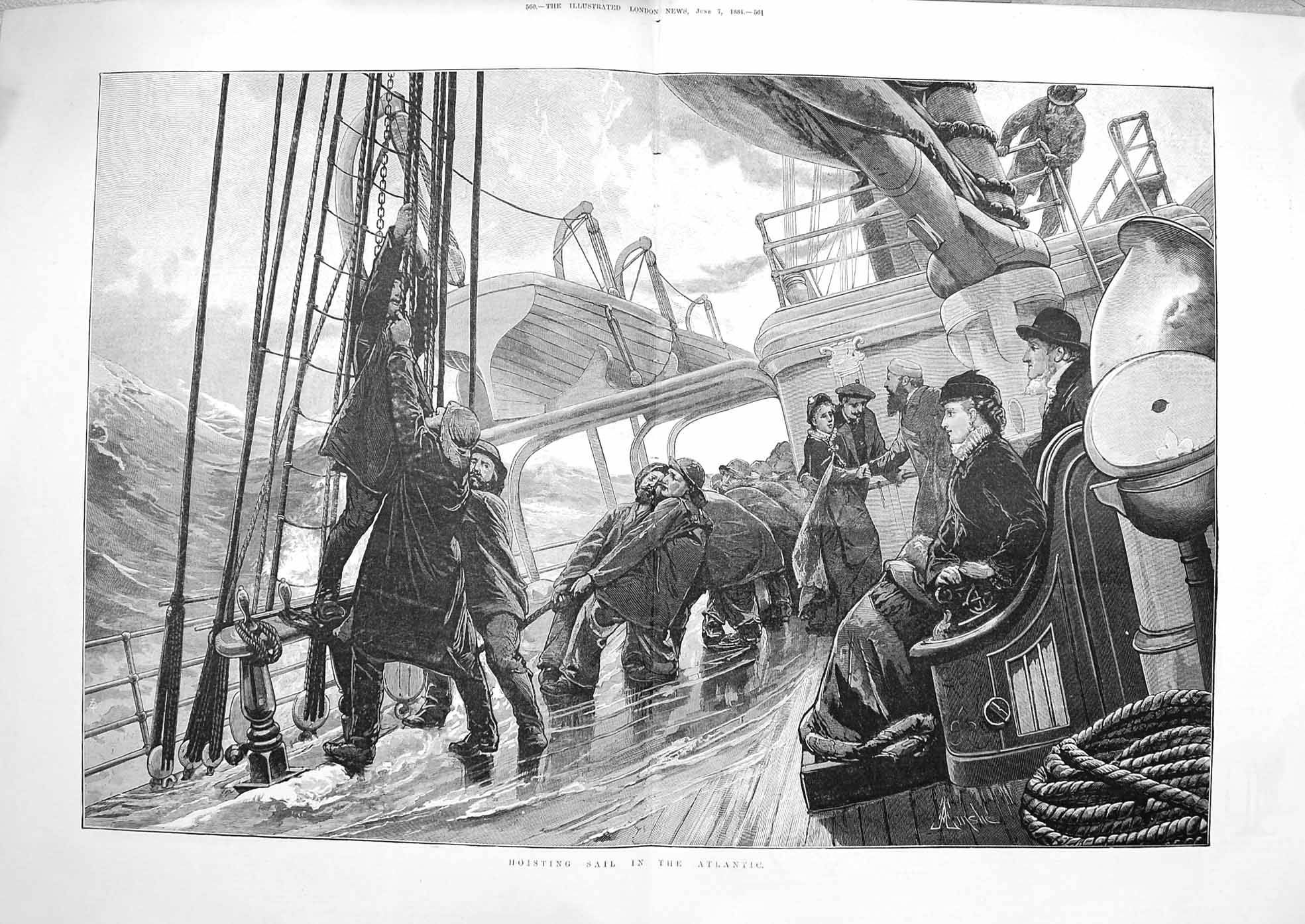 Old Antique Print 1884 Scene Hoisting Sail Passenger Ship Atlantic Ocean 19th