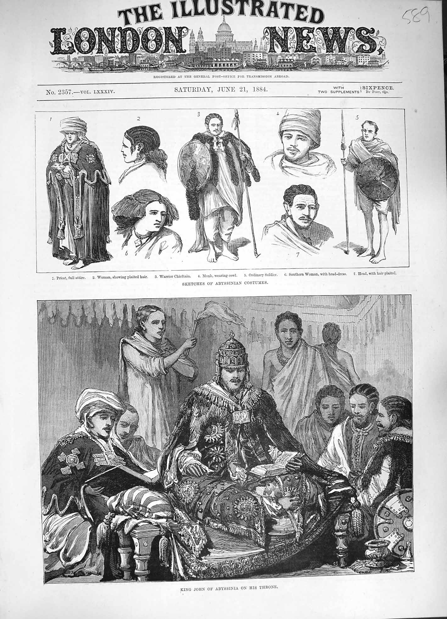 Original Old Antique Print 1884 Abyssinia Costumes Monk Priest King John Throne
