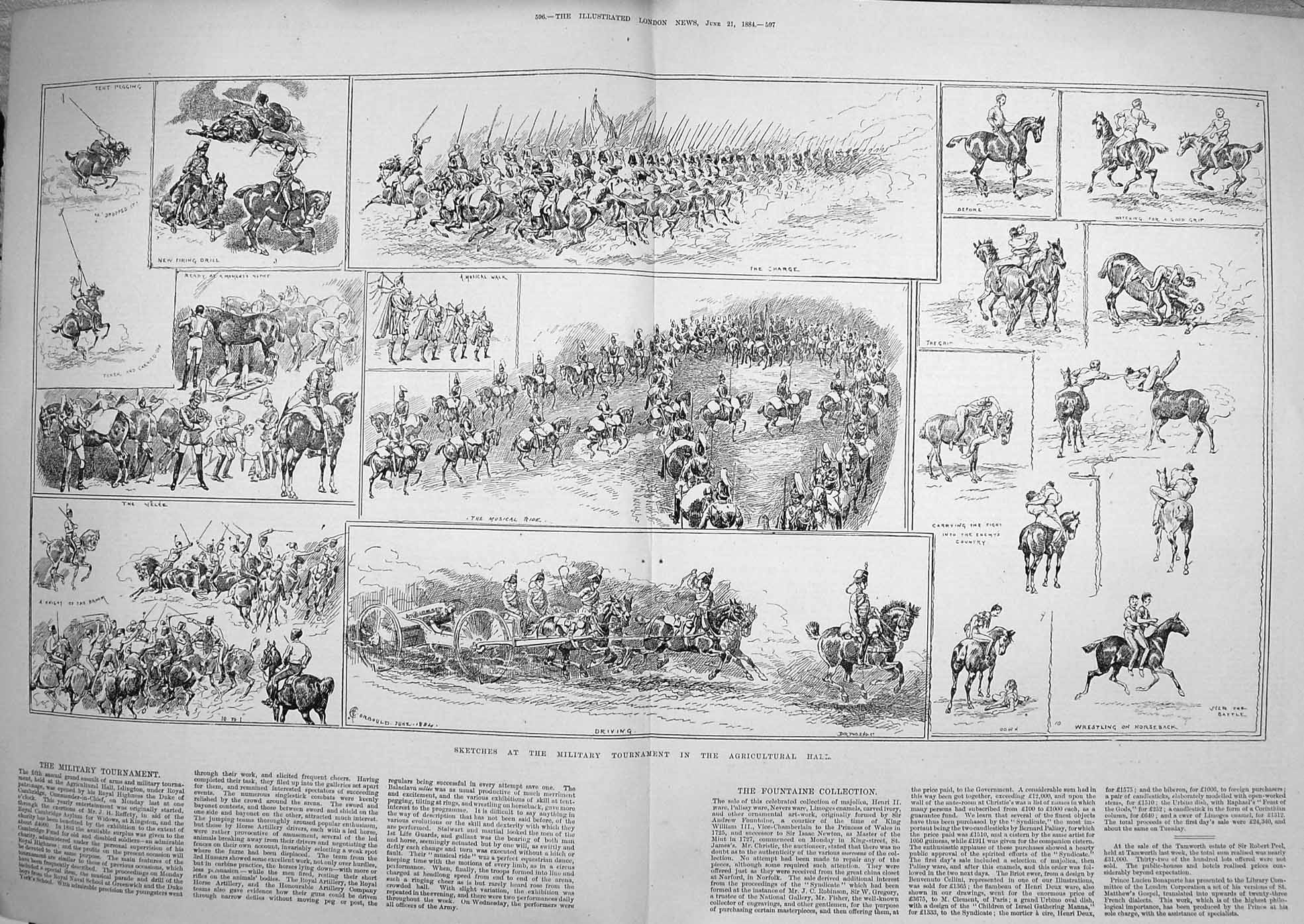 Original Old Antique Print 1884 Military Tournament Agricultural Hall Horses