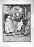 Original Old Antique Print 1884 Fish Market Honfleur Ladies Baskets Victorian
