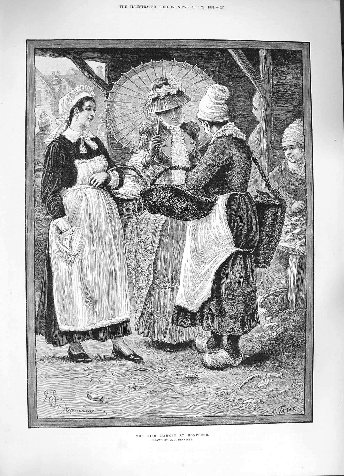 Original Old Antique Print 1884 Fish Market Honfleur Ladies Baskets Victorian