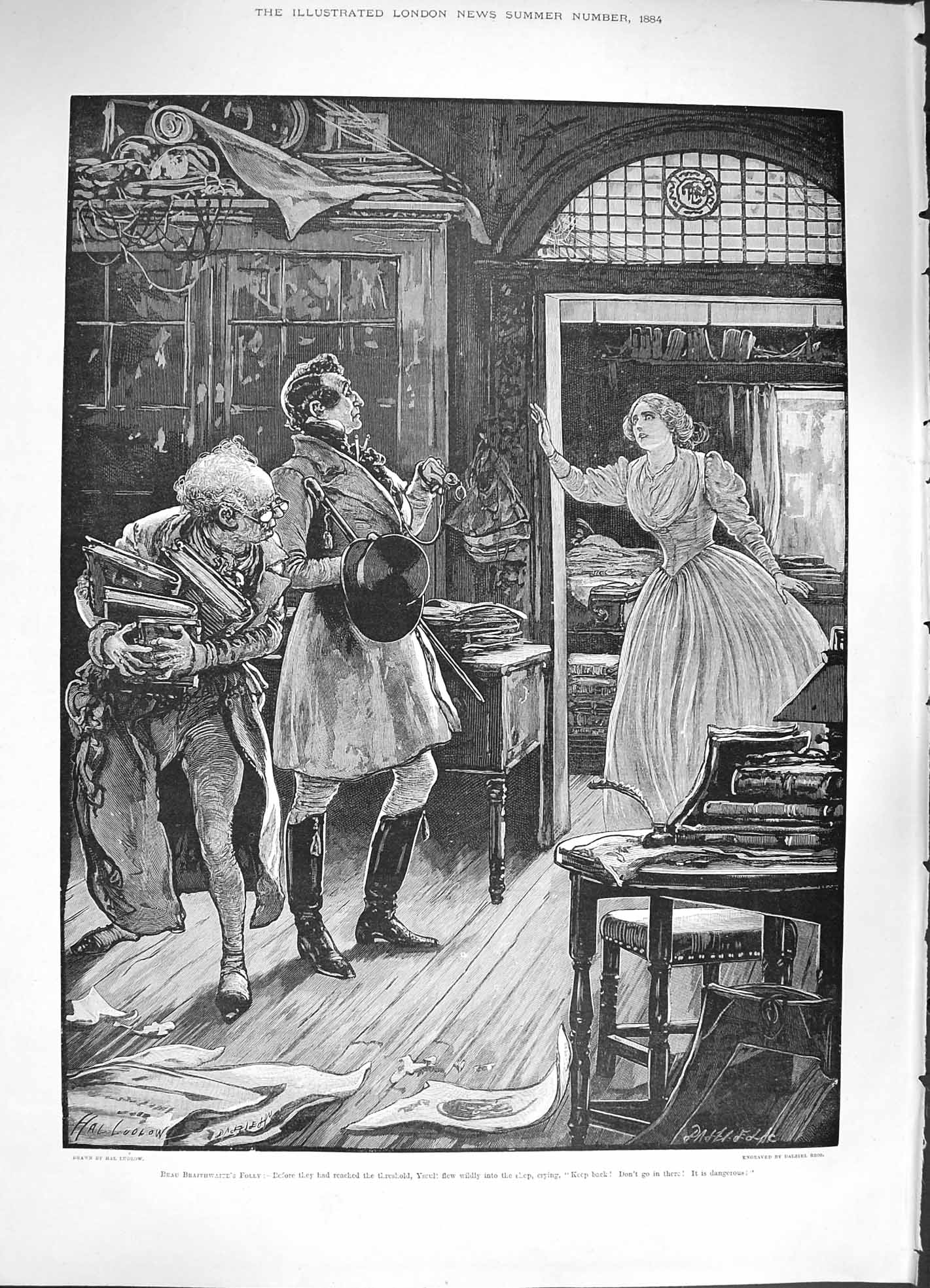 Original Old Antique Print 1884 Beau Braithwaite Folly Crying Lady Men Fine Art