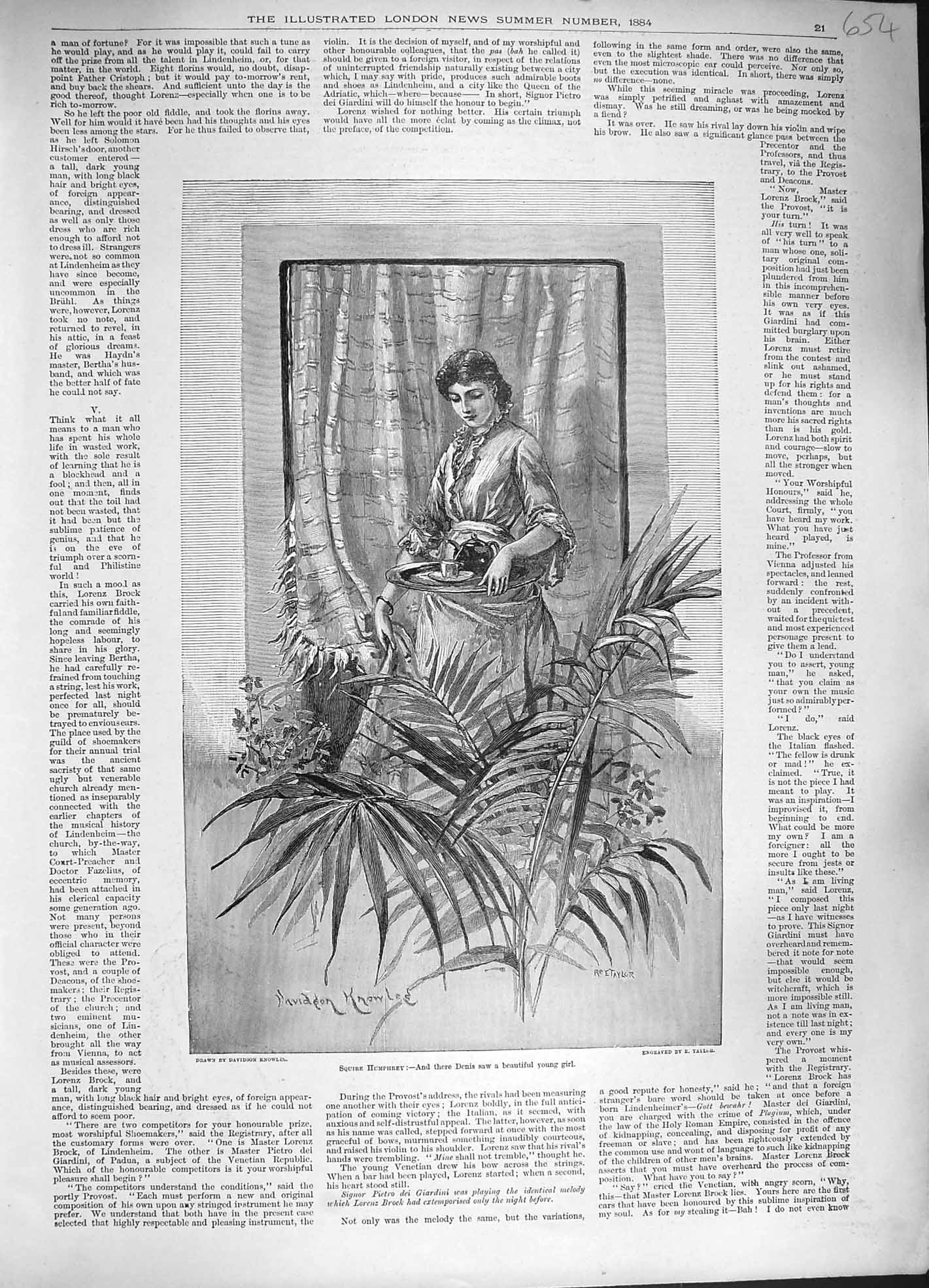 Original Old Antique Print 1884 Squire Humphrey Beautiful Young Girl Knowles