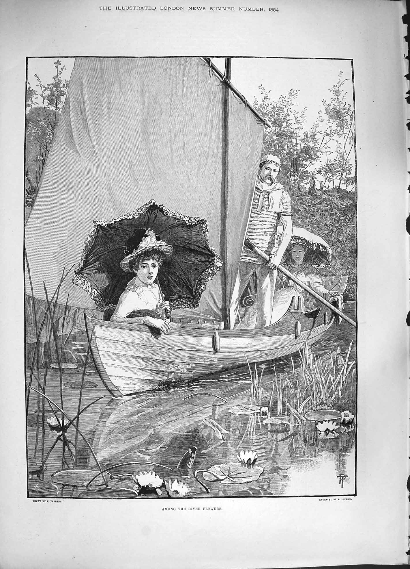 Original Old Antique Print 1884 Scene Among River Flowers Ladies Boat Lillies