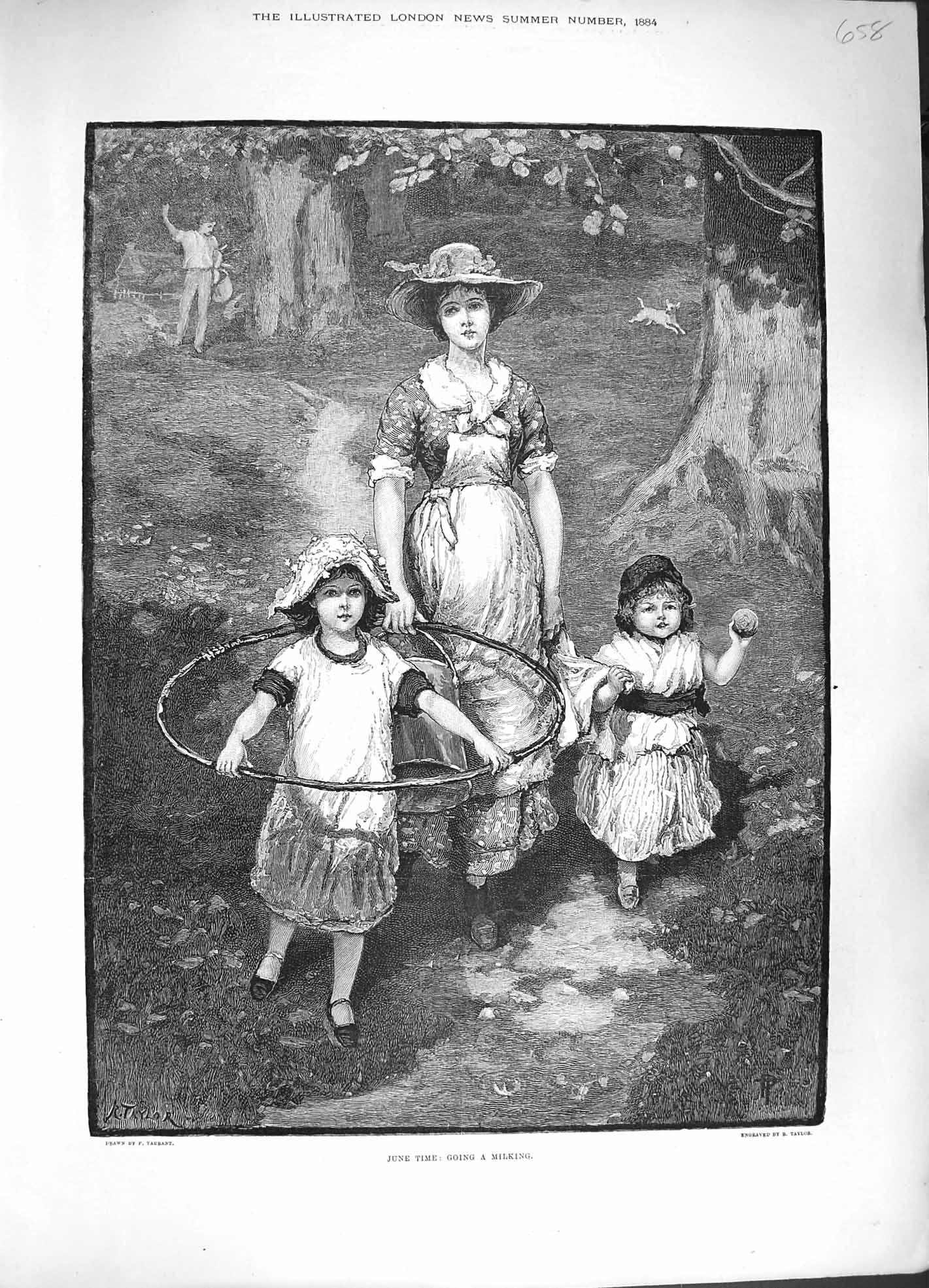 Old Antique Print 1884 June Going Milking Children Mother Farm Fine Art 19th