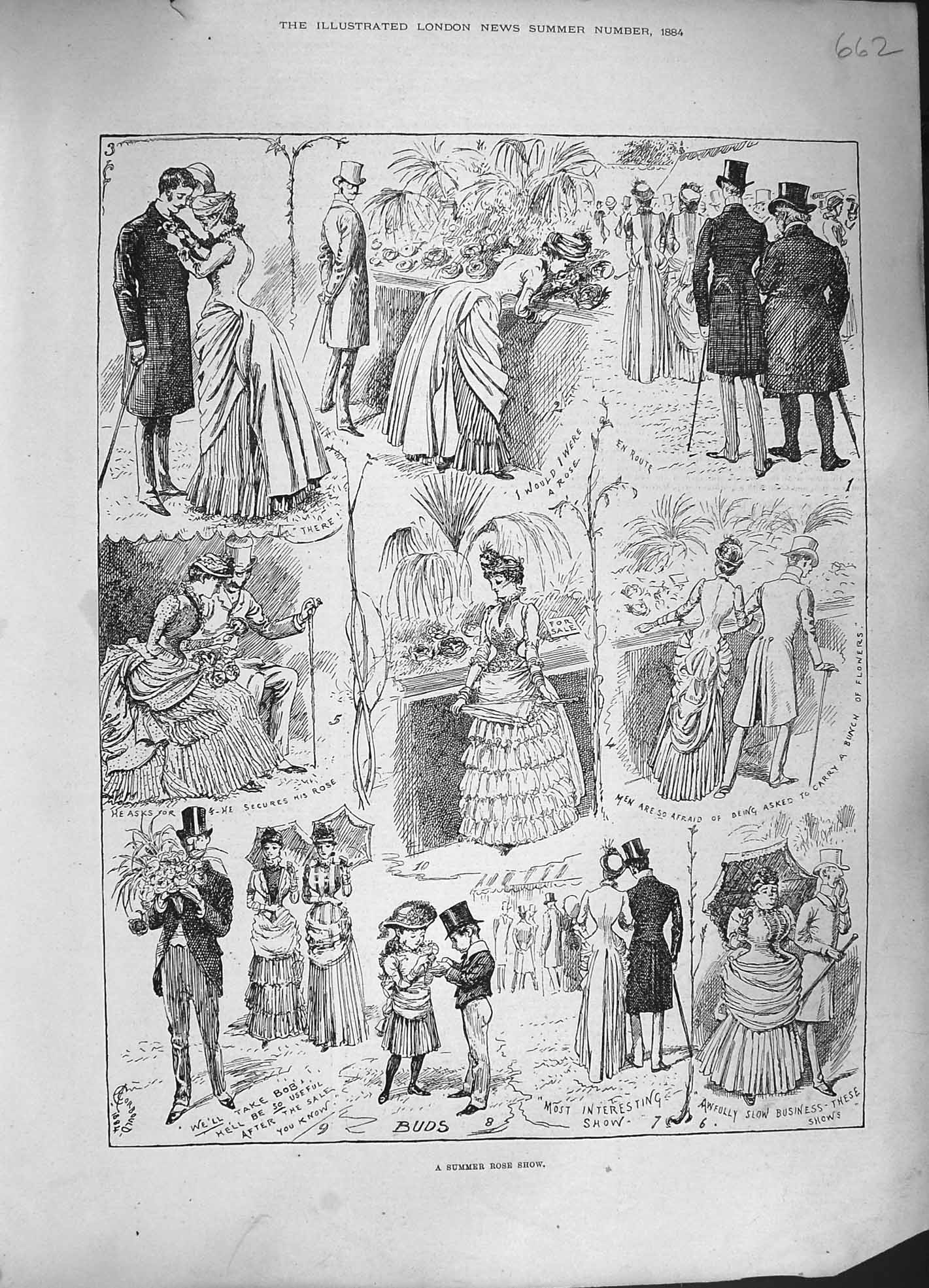 Original Old Antique Print 1884 Summer Rose Show Flowers Nature 19th