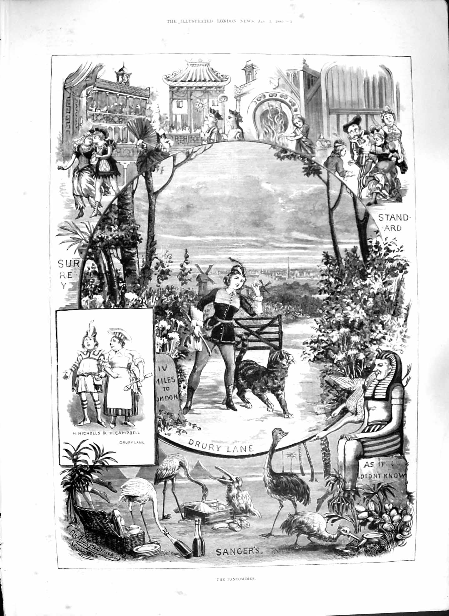 Old Antique Print 1885 Pantomimes Drury Lane Standard Nicholls Campbell 19th