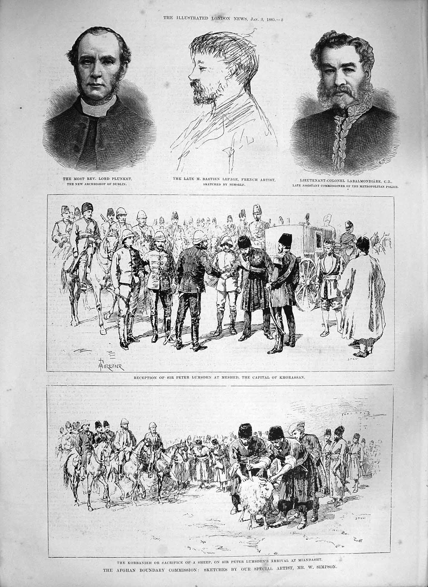 Original Old Antique Print 1885 Afghan Korbanieh Lumsden Plunket Lepage Police
