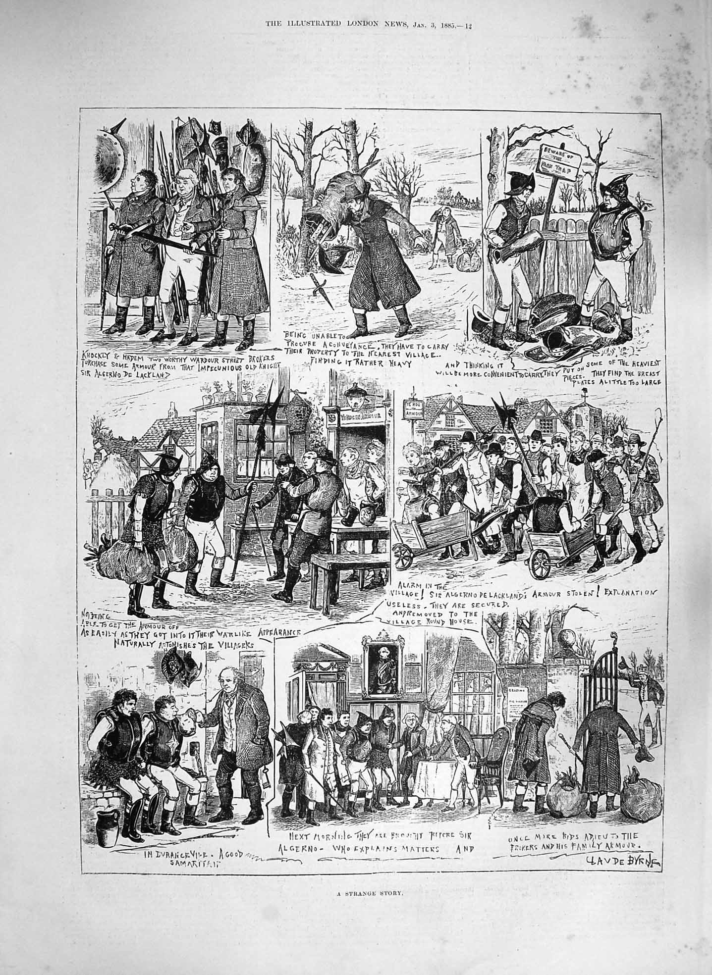 Original Old Antique Print 1885 Strange Story Armour Algerno Villagers Knockly