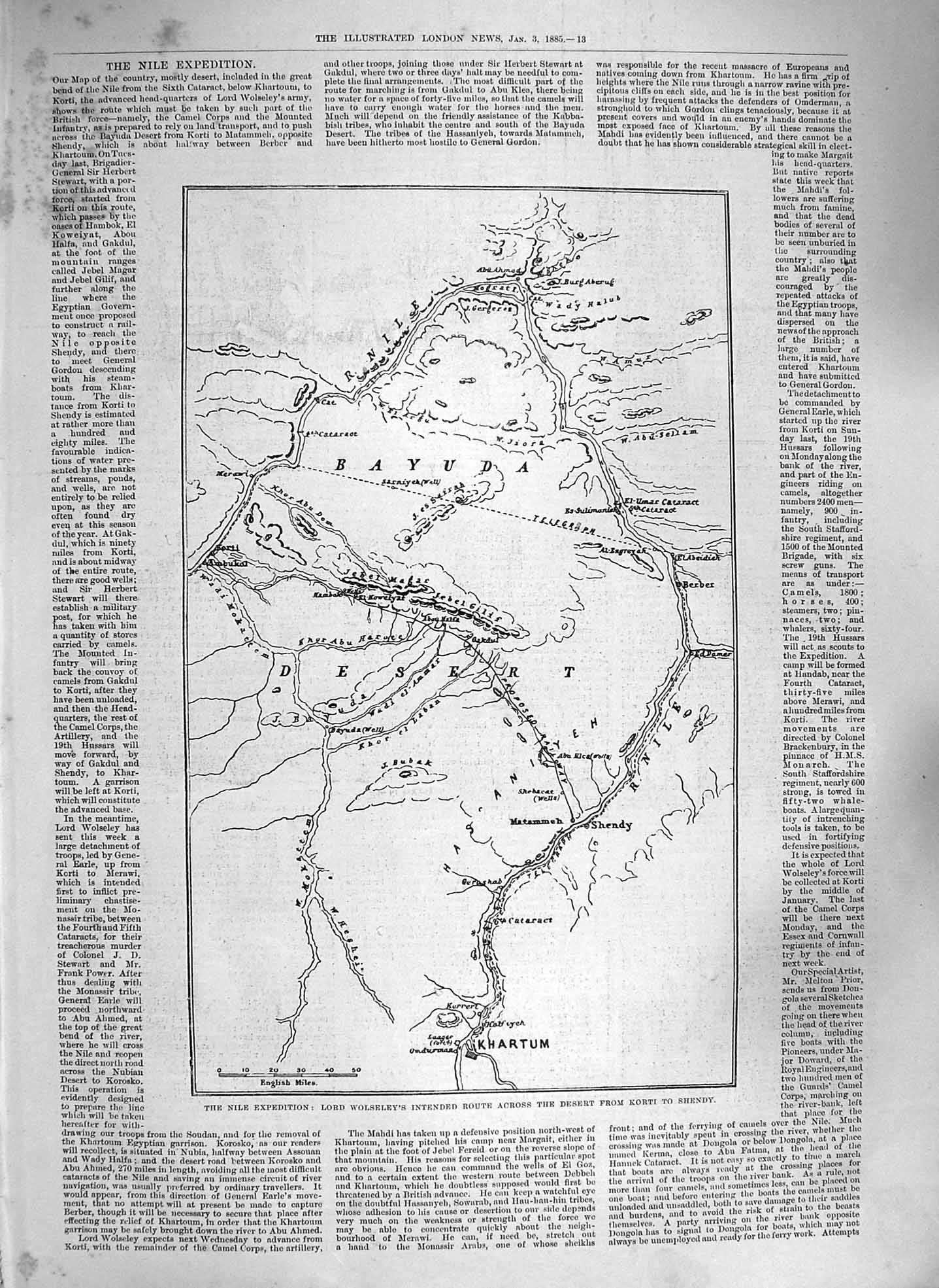 Original Old Antique Print 1885 Nile Lord Wolseley Desert Korti Shendy Bayuda