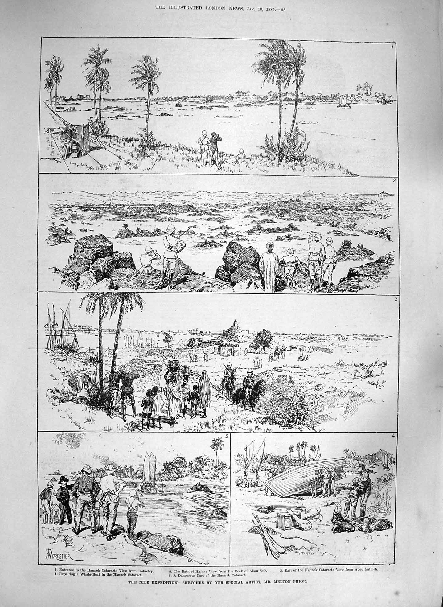 Old Antique Print 1885 Nile Hannek Cataract Whale Boat Abou Fatmeh Seir 19th