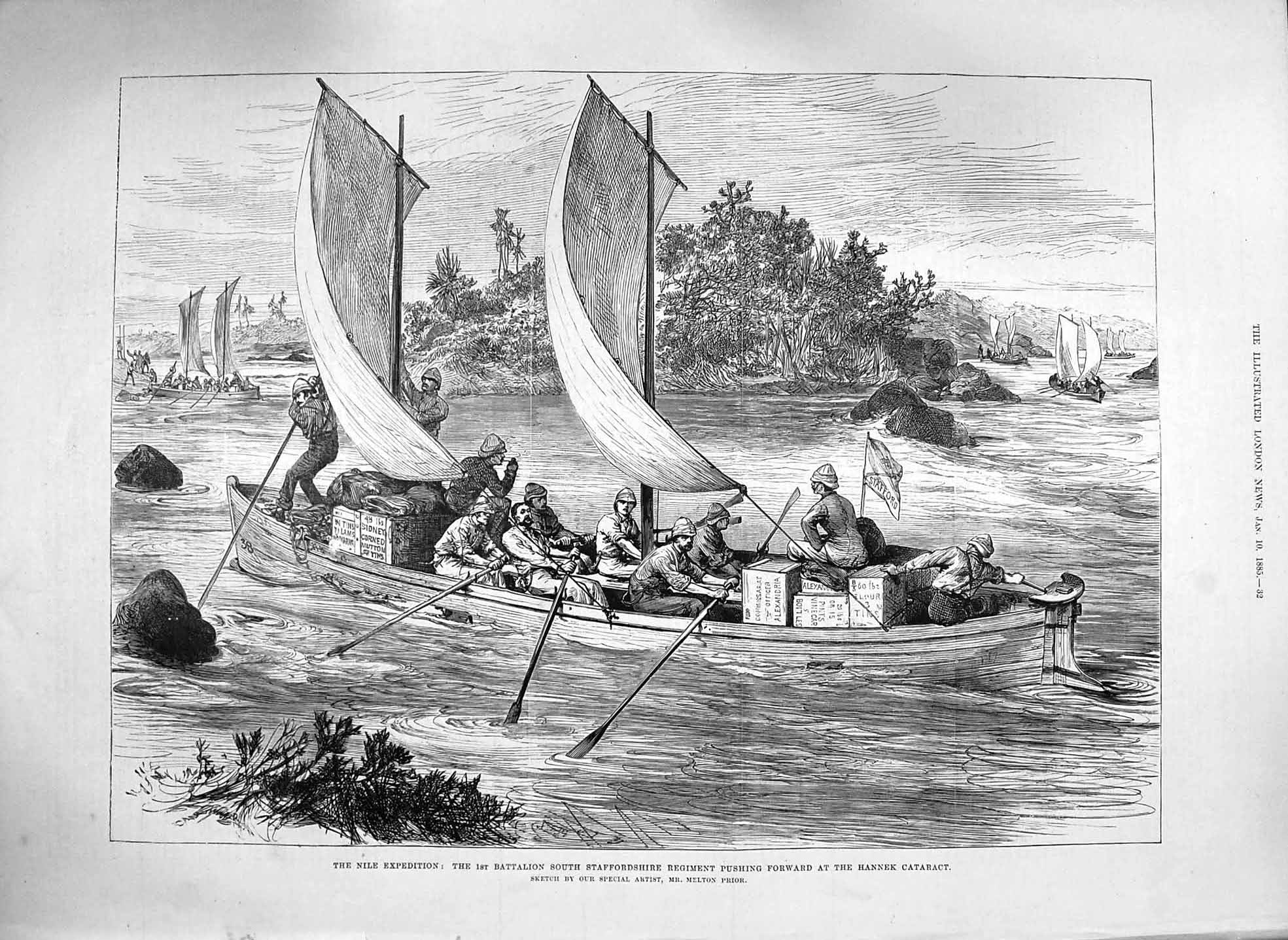 Old Antique Print 1885 Nile Battalion Staffordshire Hannek Cataract War 19th