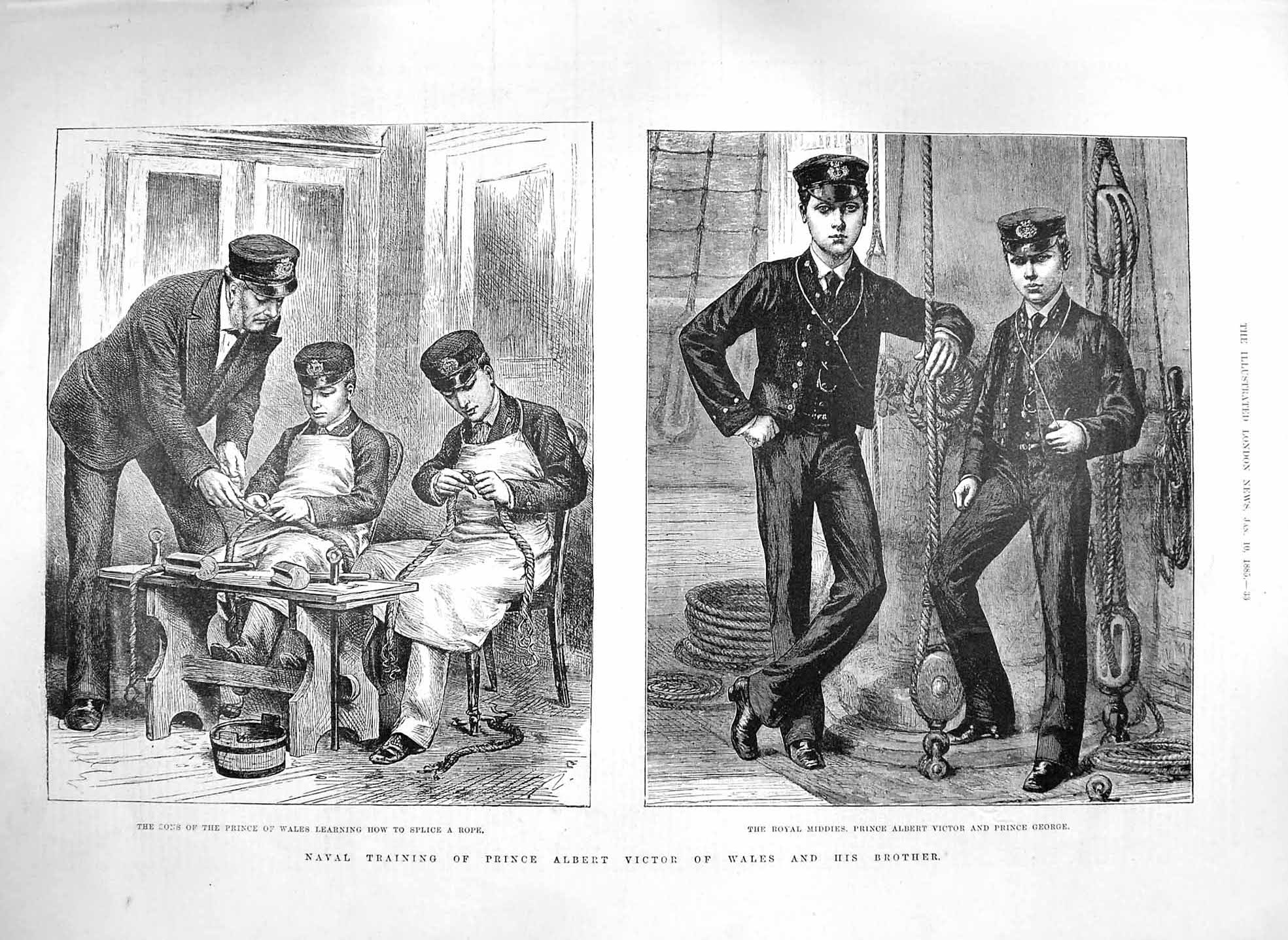 Original Old Antique Print 1885 Prince Albert Victor George Wales Navy Training