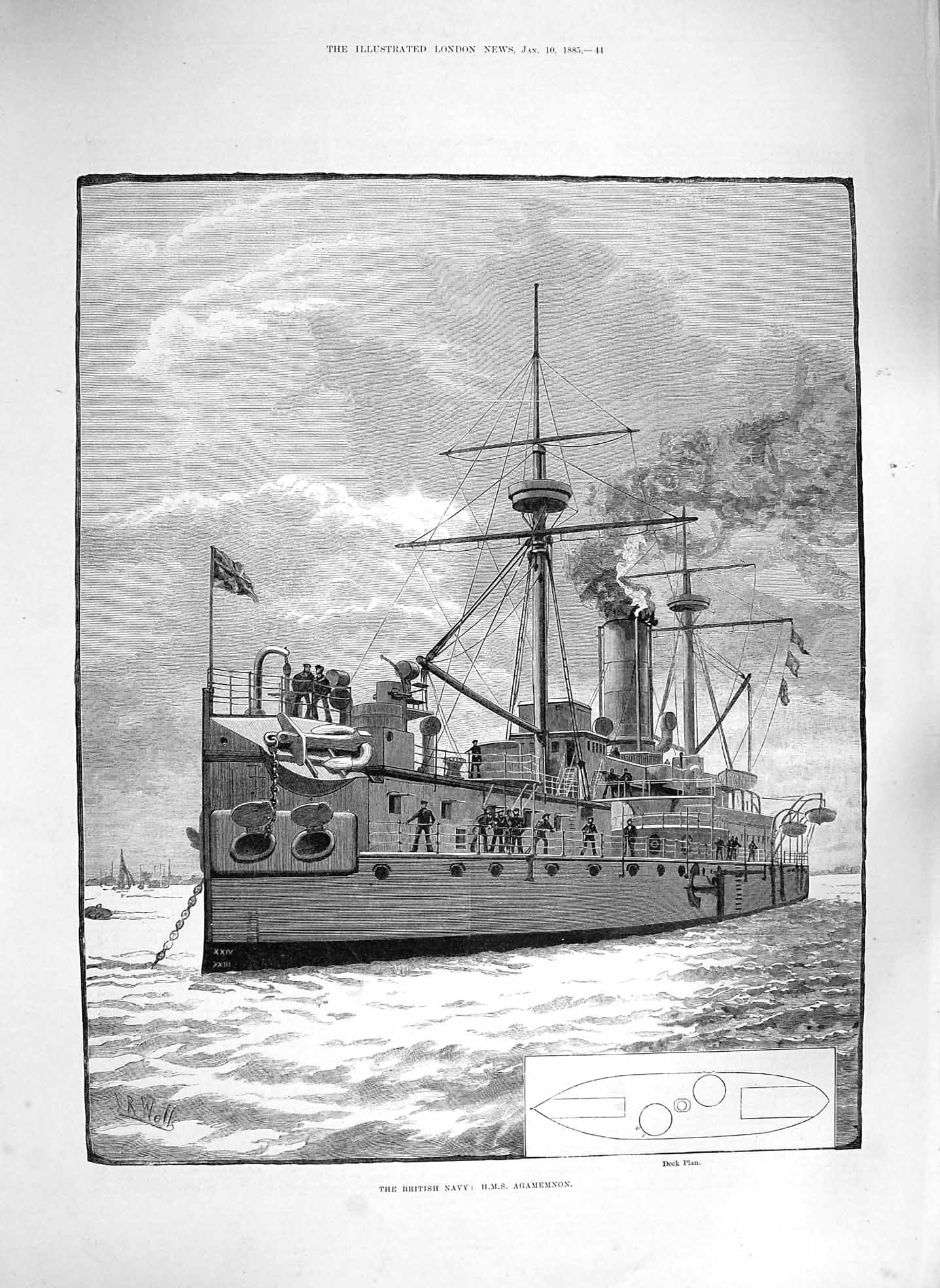 Original Old Antique Print 1885 British Navy Ship H.M.S. Agamemnon De Victorian