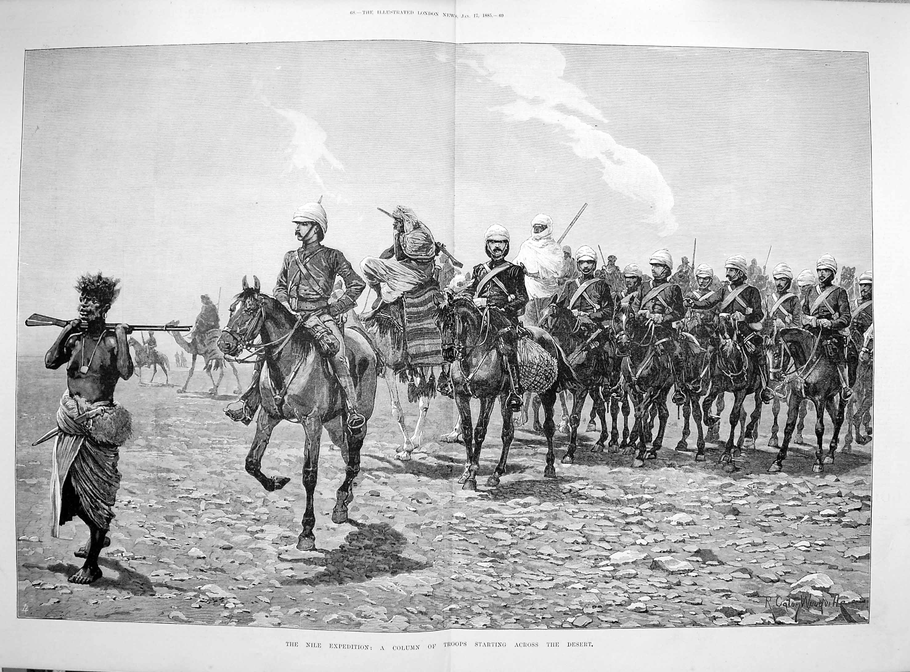 Original Old Antique Print 1885 Nile Expedition Column Troops Desert Si 19th