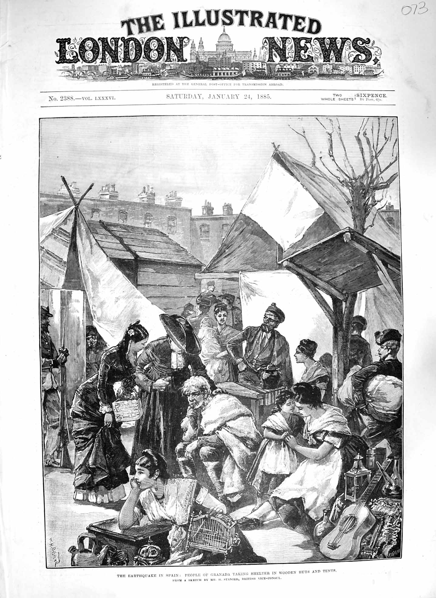 Original Old Antique Print 1885 Earthquake Spain People Granada Shelter Huts