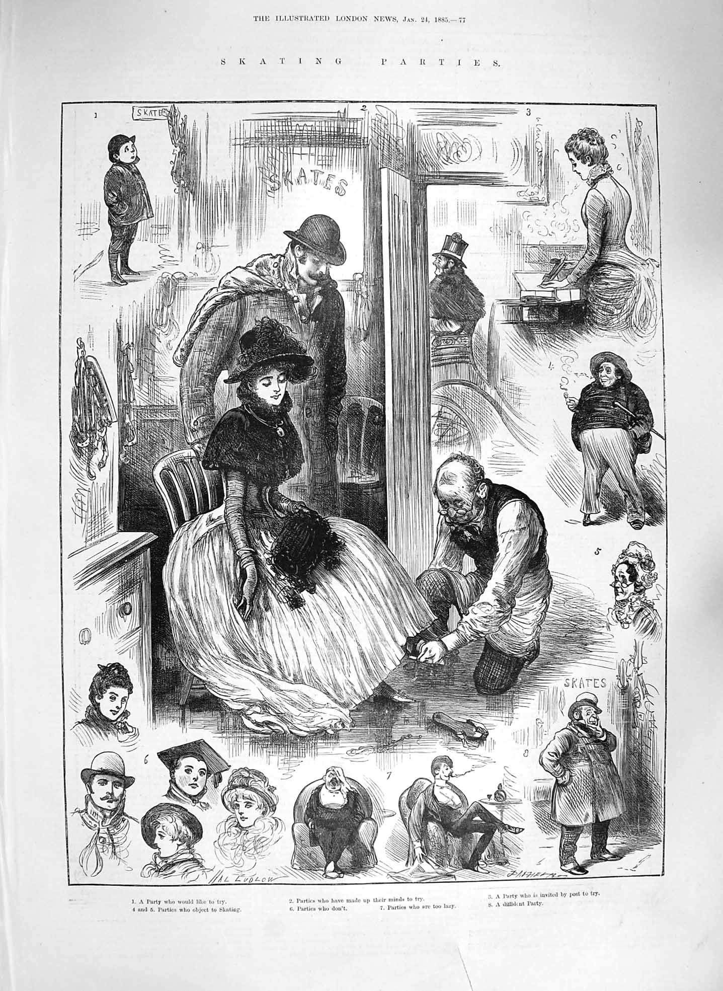 Original Old Antique Print 1885 Ice Skating Parties People 19th