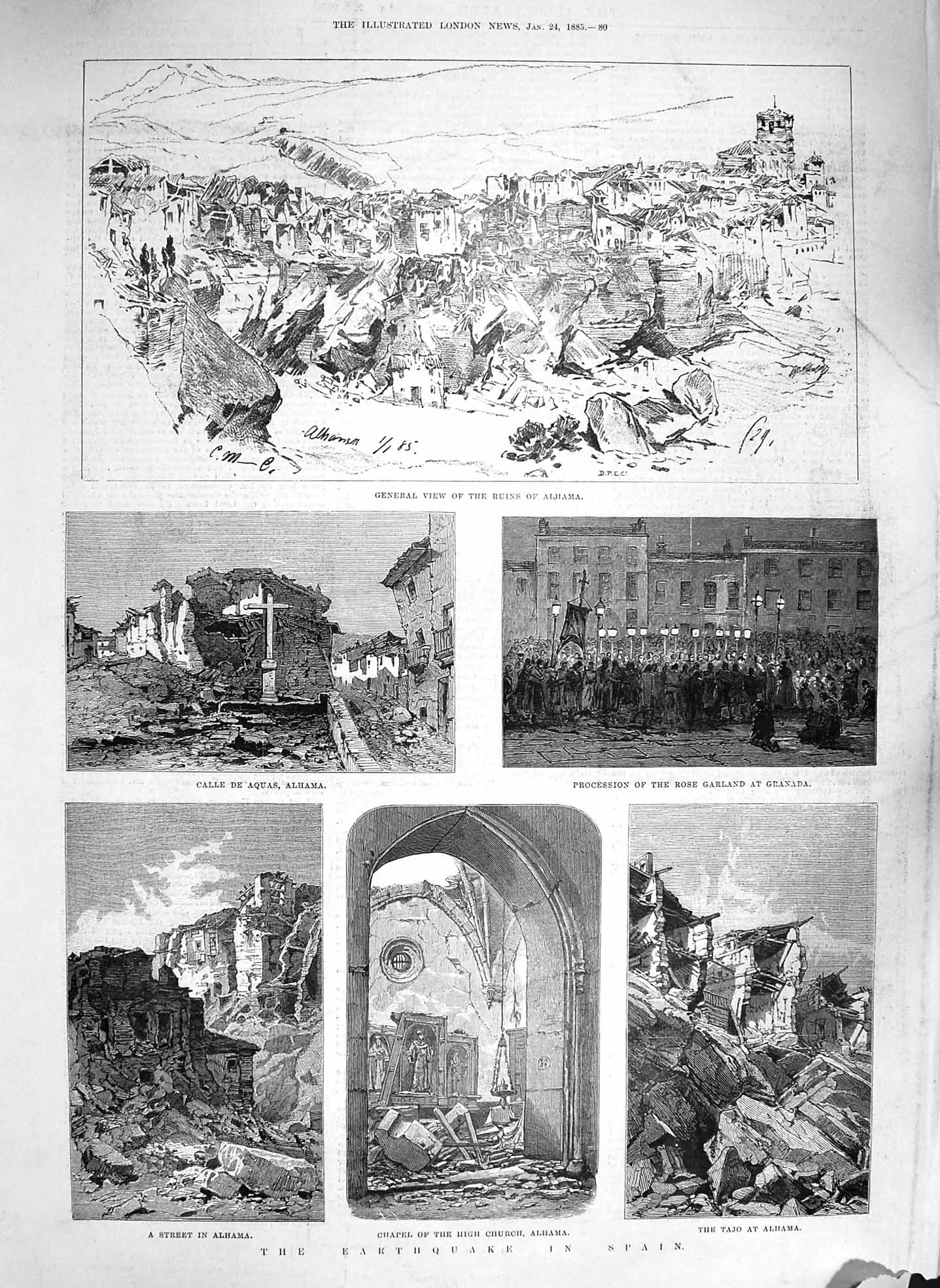 Original Old Antique Print 1885 Earthquake Spain Ruins Alhama Tajo Church 19th