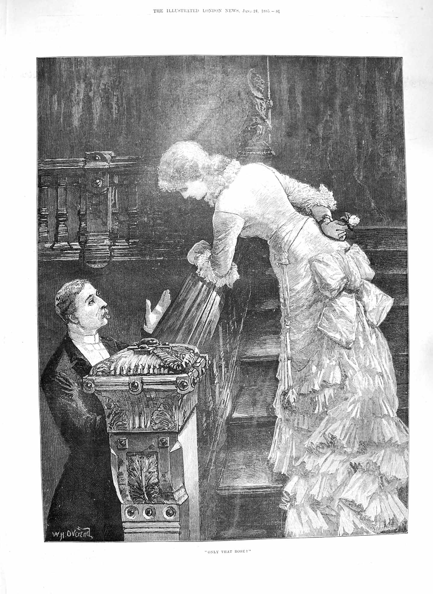 Original Old Antique Print 1885 Fine Art Man Lady Romance Stairs Overend 19th