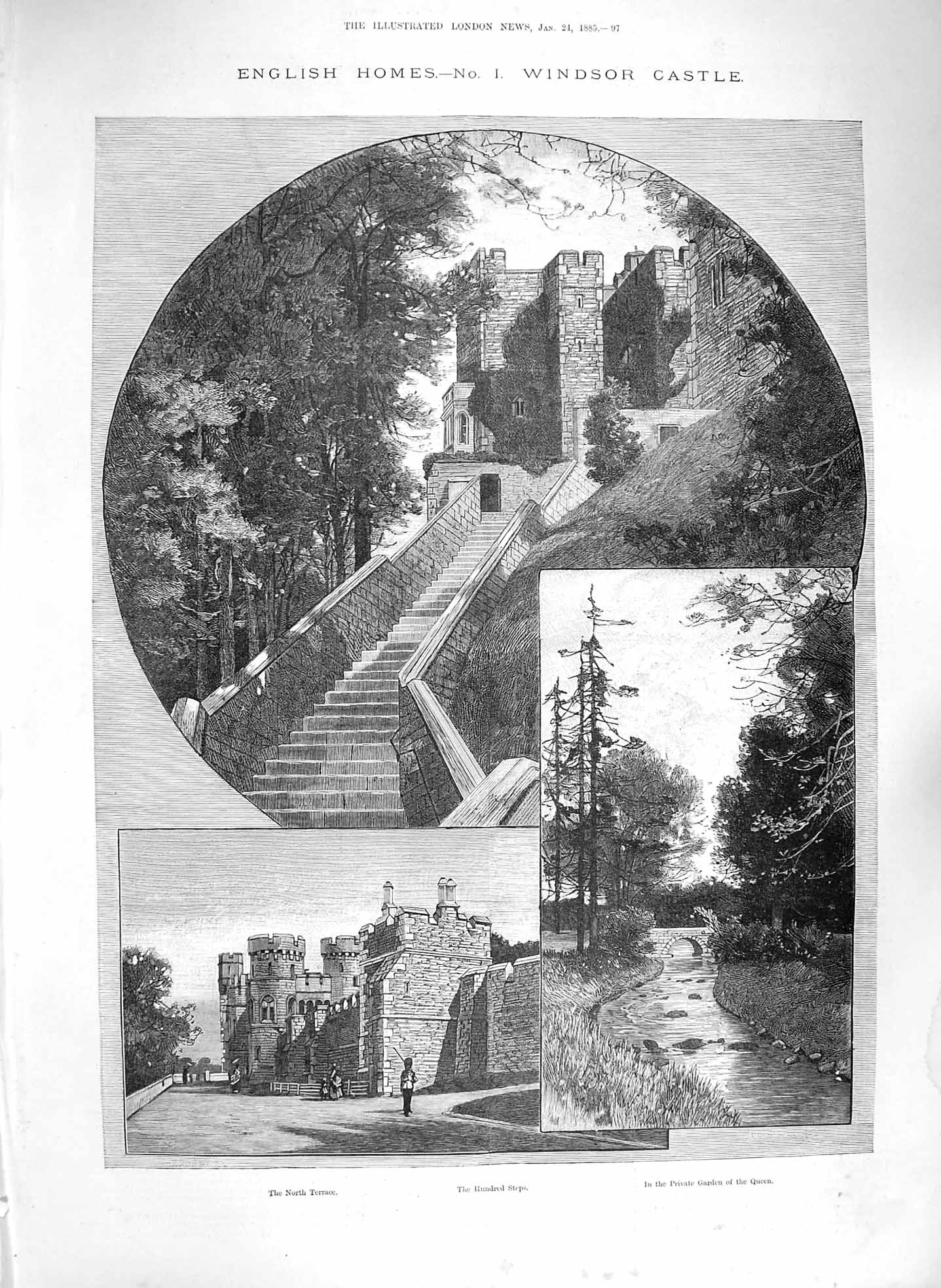 Old Antique Print 1885 Windsor Castle Hundred Steps Terrace Queen Gardens 19th