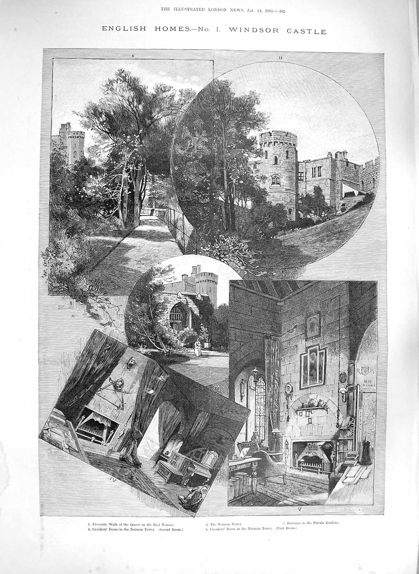 Old Antique Print 1885 Windsor Castle Norman Tower Private Gardens London 19th