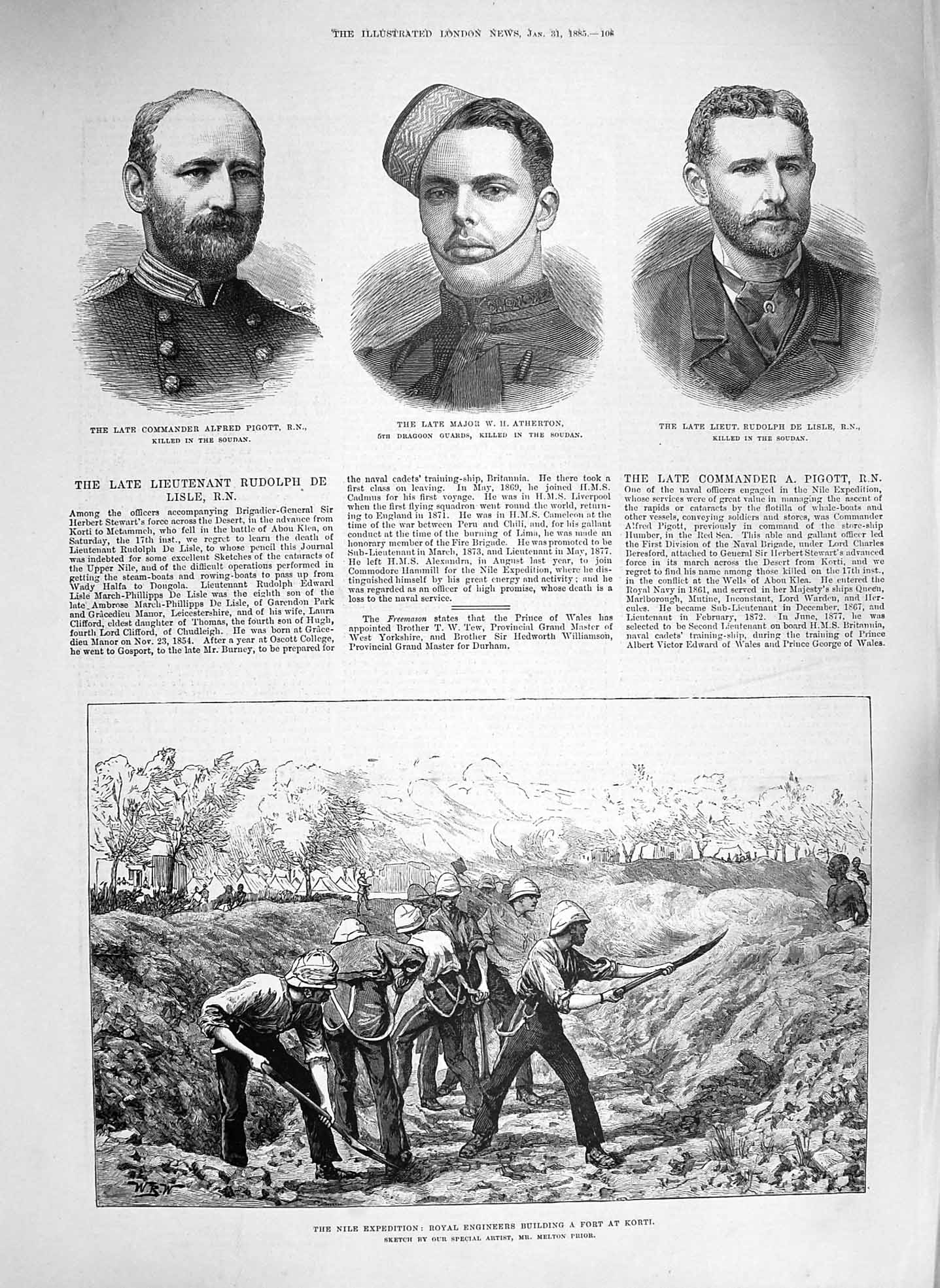 Original Old Antique Print 1885 Nile Royal Engineers Fort Korti Pigott Atherton