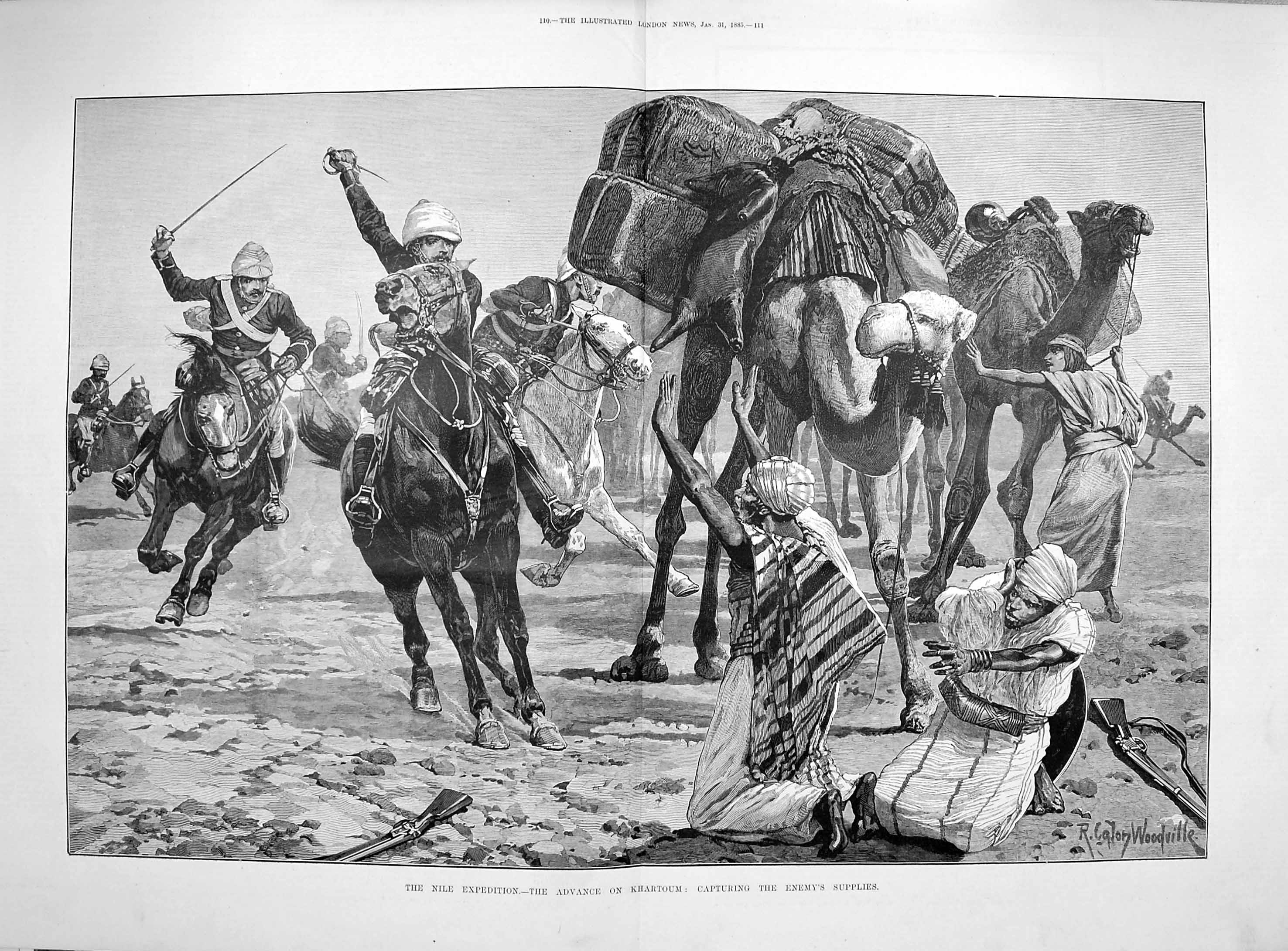 Antique Old Print 1885 Nile Expedition Advance Khartoum Camels Horses War 19th