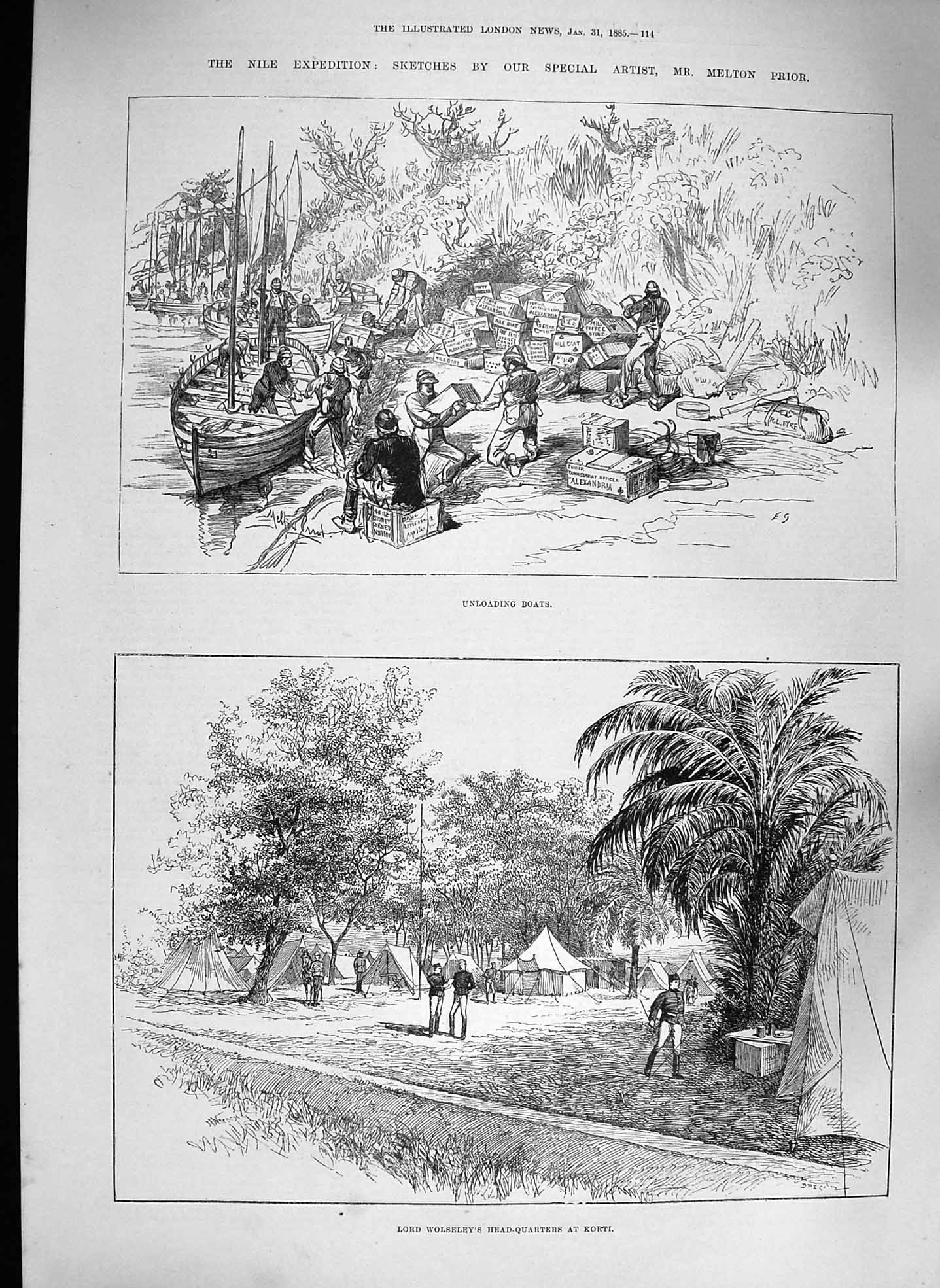 Original Old Antique Print 1885 Nile Lord Wolseley Korti Unloading Boats War