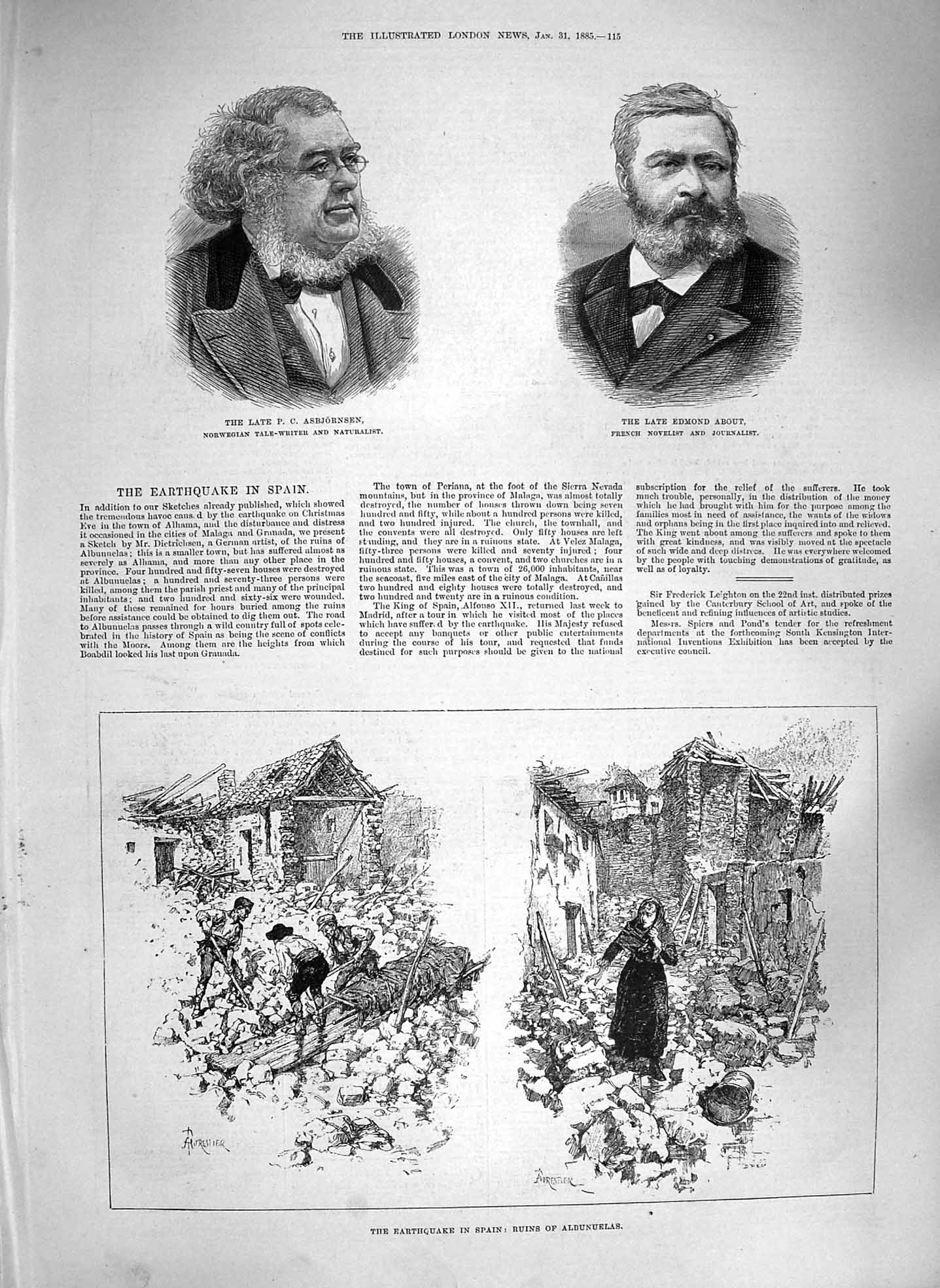 Original Old Antique Print 1885 Earthquake Spain Albunuelas Asbjornsen About