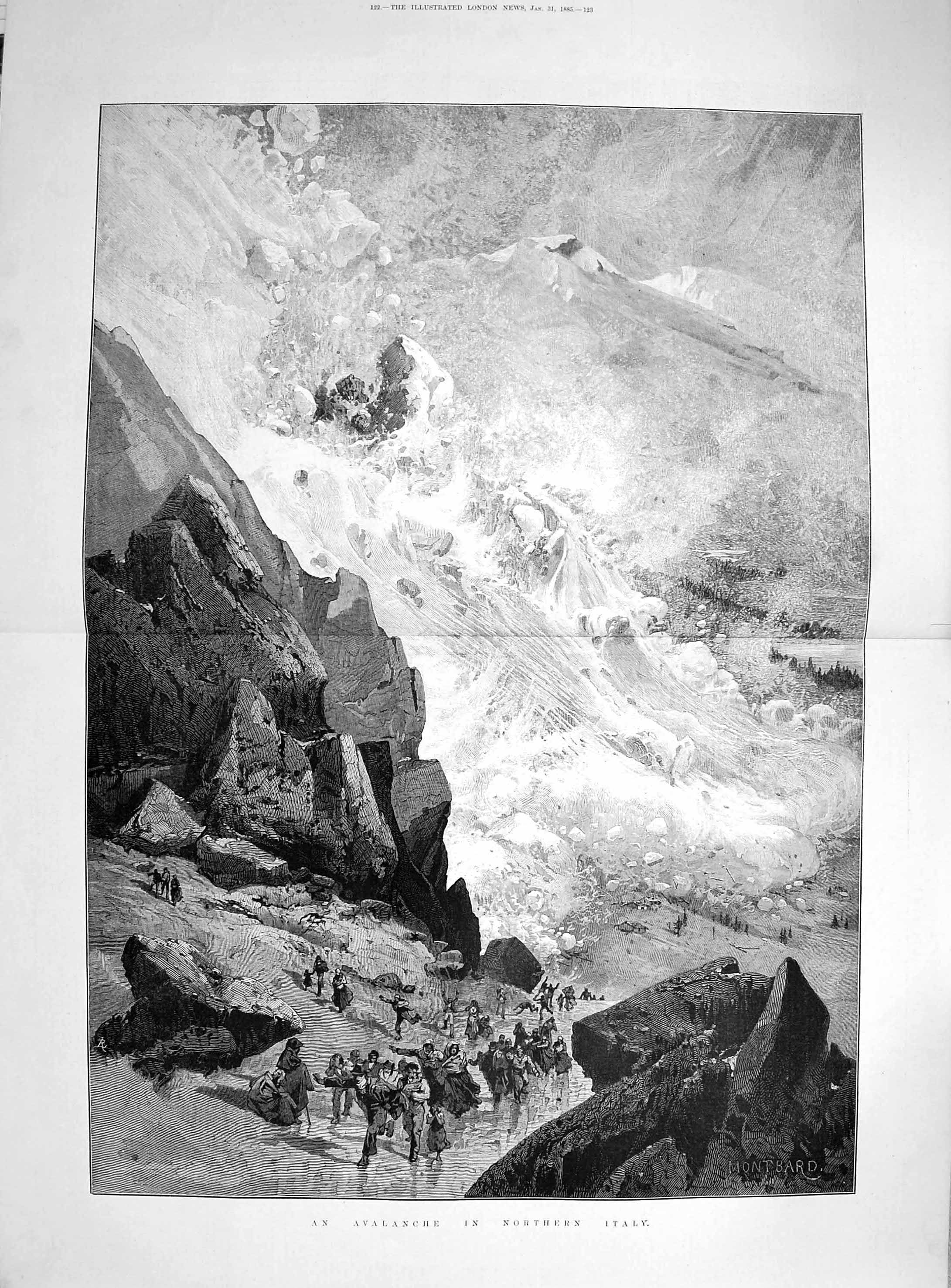 Old Antique Print 1885 Avalanche Northern Italy Snow Mountains Fine Art 19th
